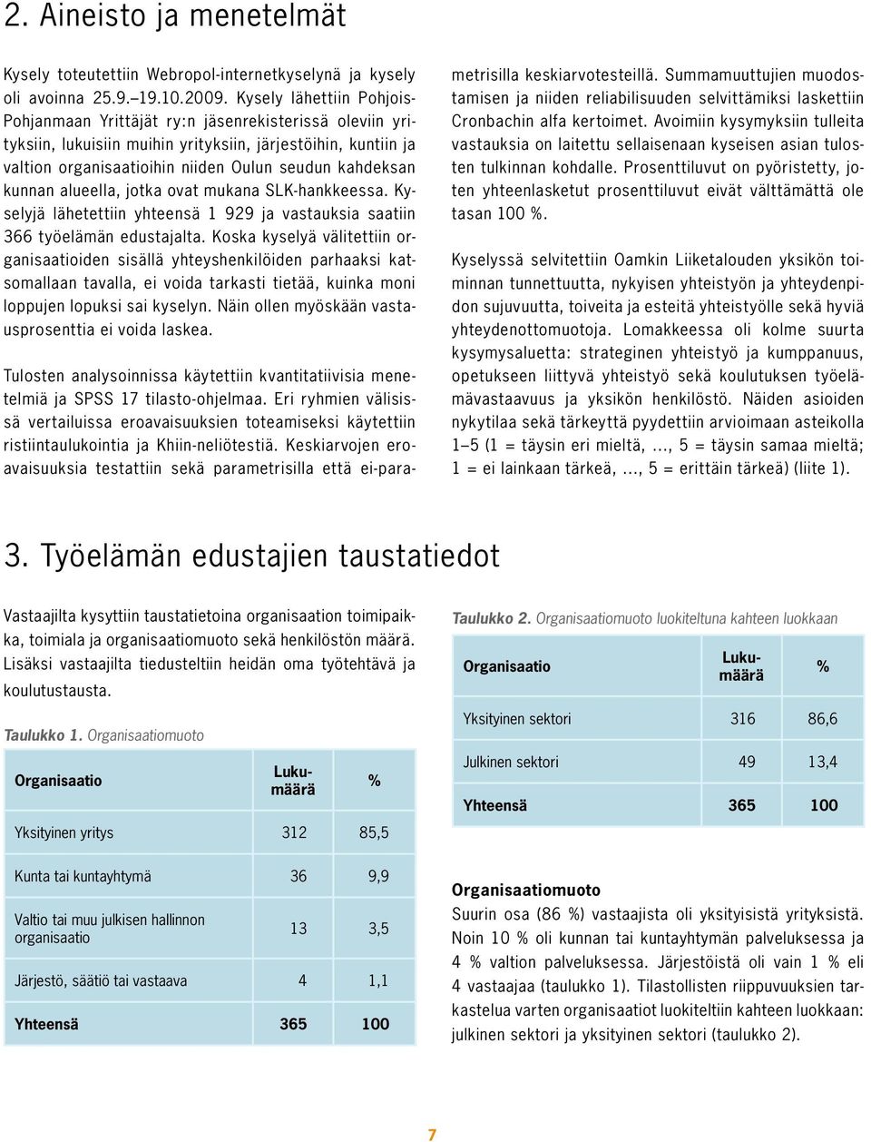 kunnan alueella, jotka ovat mukana SLK-hankkeessa. Kyselyjä lähetettiin yhteensä 1 929 ja vastauksia saatiin 366 työelämän edustajalta.