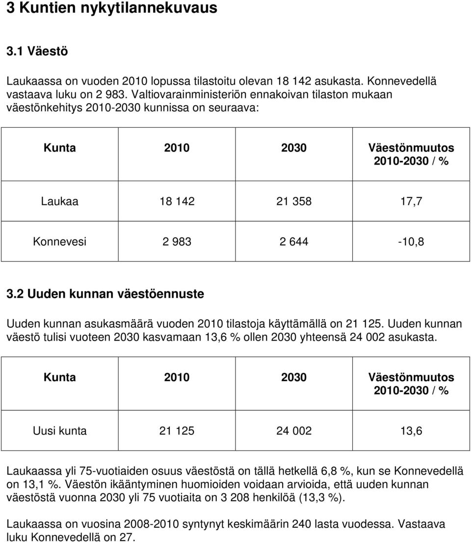 2 Uuden kunnan väestöennuste Uuden kunnan asukasmäärä vuoden 2010 tilastoja käyttämällä on 21 125. Uuden kunnan väestö tulisi vuoteen 2030 kasvamaan 13,6 % ollen 2030 yhteensä 24 002 asukasta.