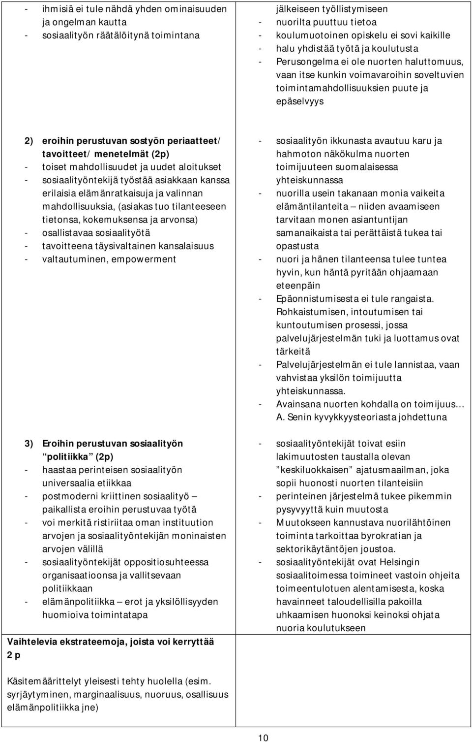 periaatteet/ tavoitteet/ menetelmät (2p) - toiset mahdollisuudet ja uudet aloitukset - sosiaalityöntekijä työstää asiakkaan kanssa erilaisia elämänratkaisuja ja valinnan mahdollisuuksia, (asiakas tuo