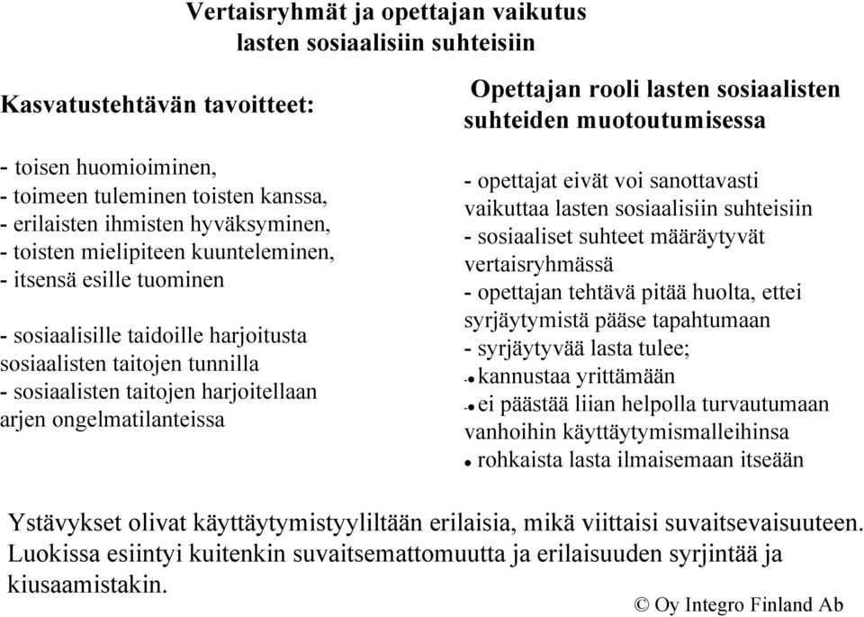 Opettajan rooli lasten sosiaalisten suhteiden muotoutumisessa - opettajat eivät voi sanottavasti vaikuttaa lasten sosiaalisiin suhteisiin - sosiaaliset suhteet määräytyvät vertaisryhmässä - opettajan