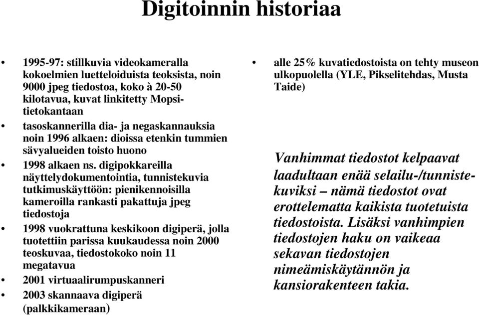 digipokkareilla näyttelydokumentointia, tunnistekuvia tutkimuskäyttöön: pienikennoisilla kameroilla rankasti pakattuja jpeg tiedostoja 1998 vuokrattuna keskikoon digiperä, jolla tuotettiin parissa