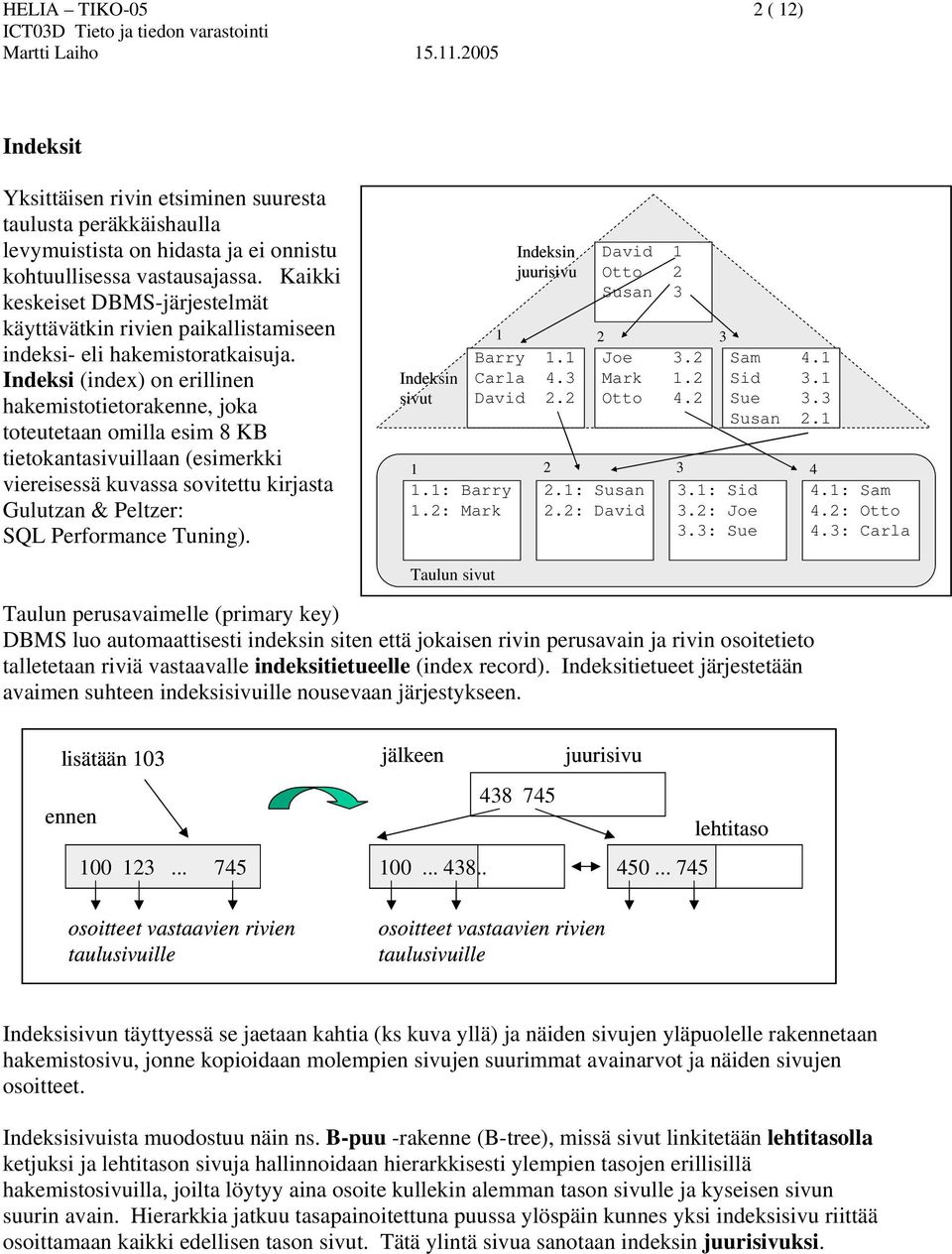 Indeksi (index) on erillinen hakemistotietorakenne, joka toteutetaan omilla esim 8 KB tietokantasivuillaan (esimerkki viereisessä kuvassa sovitettu kirjasta Gulutzan & Peltzer: SQL Performance