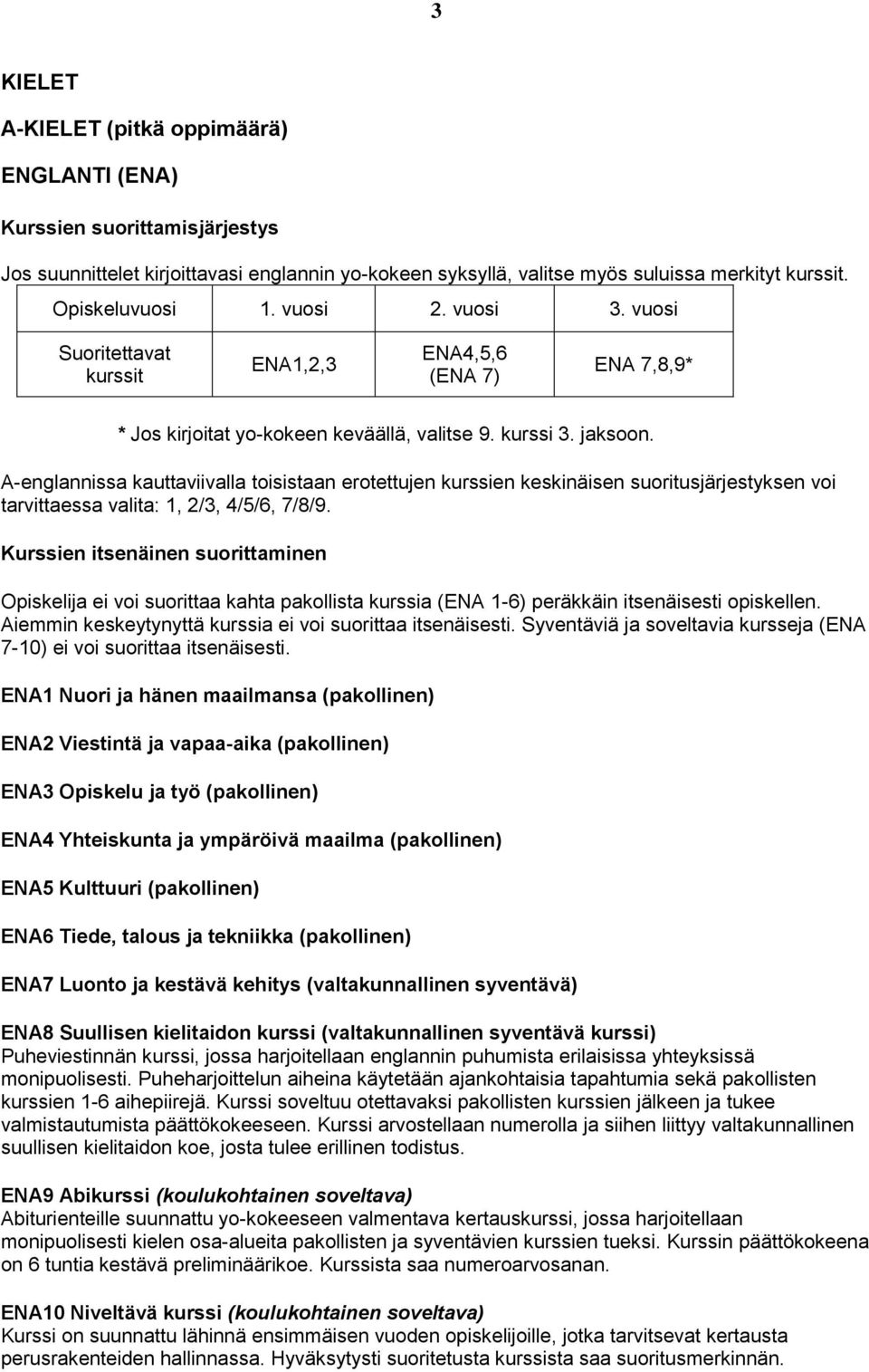 A-englannissa kauttaviivalla toisistaan erotettujen kurssien keskinäisen suoritusjärjestyksen voi tarvittaessa valita: 1, 2/3, 4/5/6, 7/8/9.