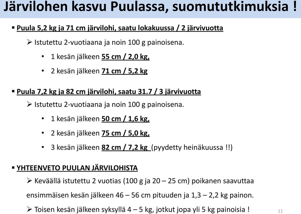 1 kesän jälkeen 50 cm / 1,6 kg, 2 kesän jälkeen 75 cm / 5,0 kg, 3 kesän jälkeen 82 cm / 7,2 kg (pyydetty heinäkuussa!