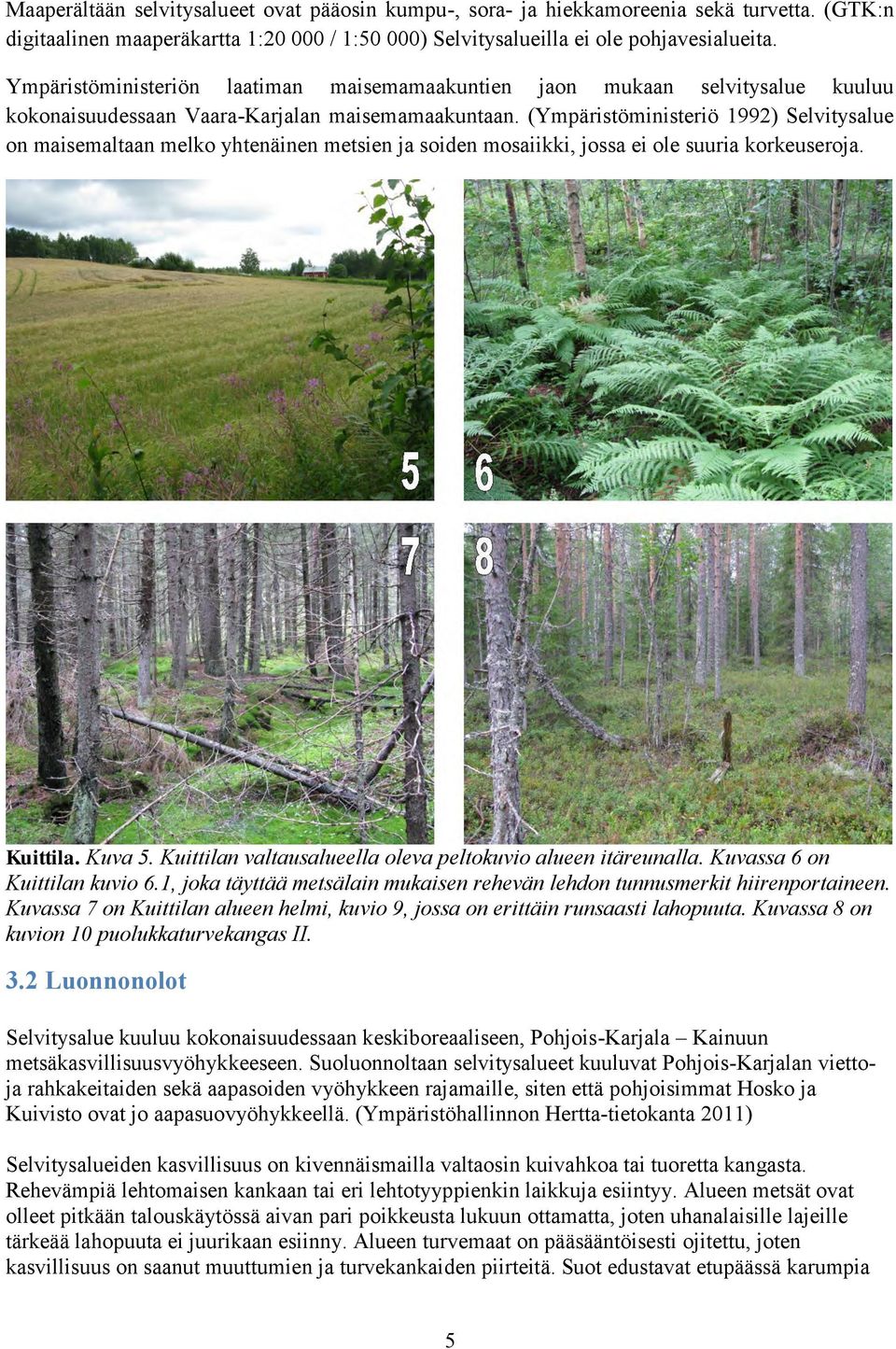 (Ympäristöministeriö 1992) Selvitysalue on maisemaltaan melko yhtenäinen metsien ja soiden mosaiikki, jossa ei ole suuria korkeuseroja. Kuittila. Kuva 5.