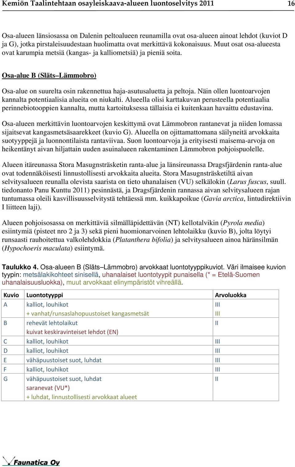 Osa-alue B (Släts Lämmobro) Osa-alue on suurelta osin rakennettua haja-asutusaluetta ja peltoja. Näin ollen luontoarvojen kannalta potentiaalisia alueita on niukalti.