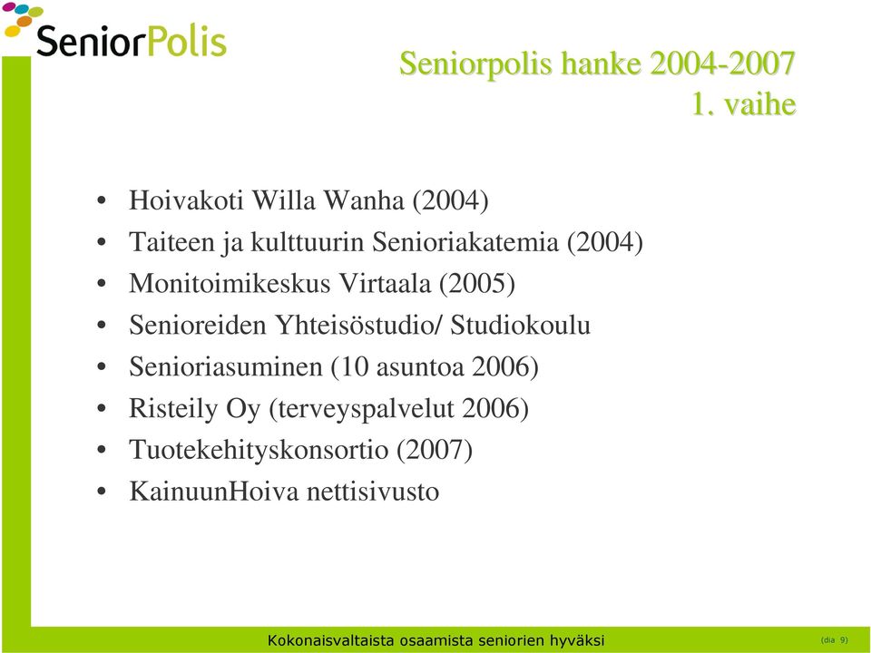 Monitoimikeskus Virtaala (2005) Senioreiden Yhteisöstudio/ Studiokoulu Senioriasuminen (10