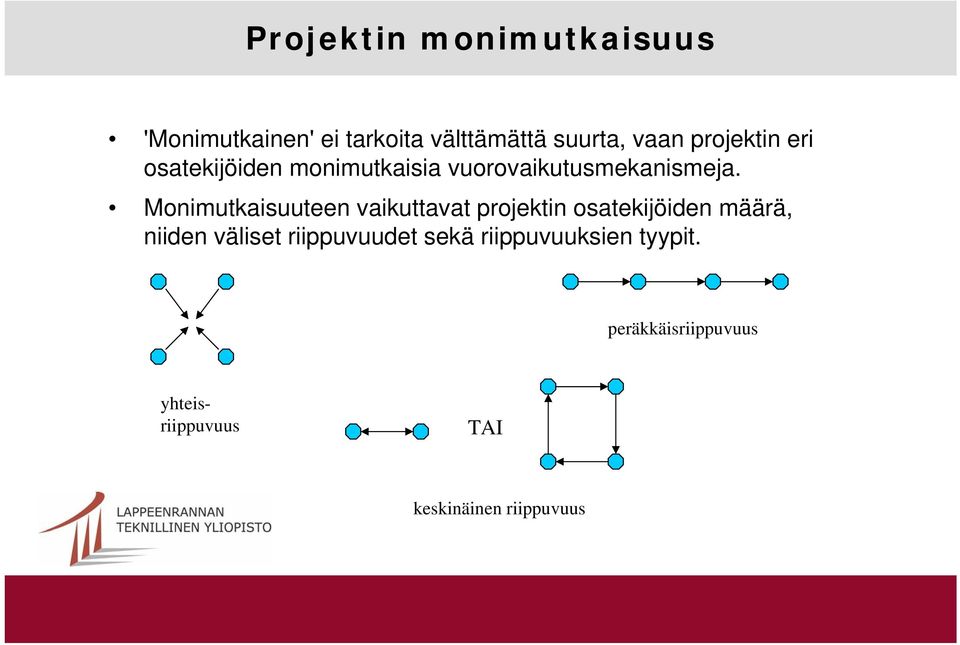 Monimutkaisuuteen vaikuttavat projektin osatekijöiden määrä, niiden väliset