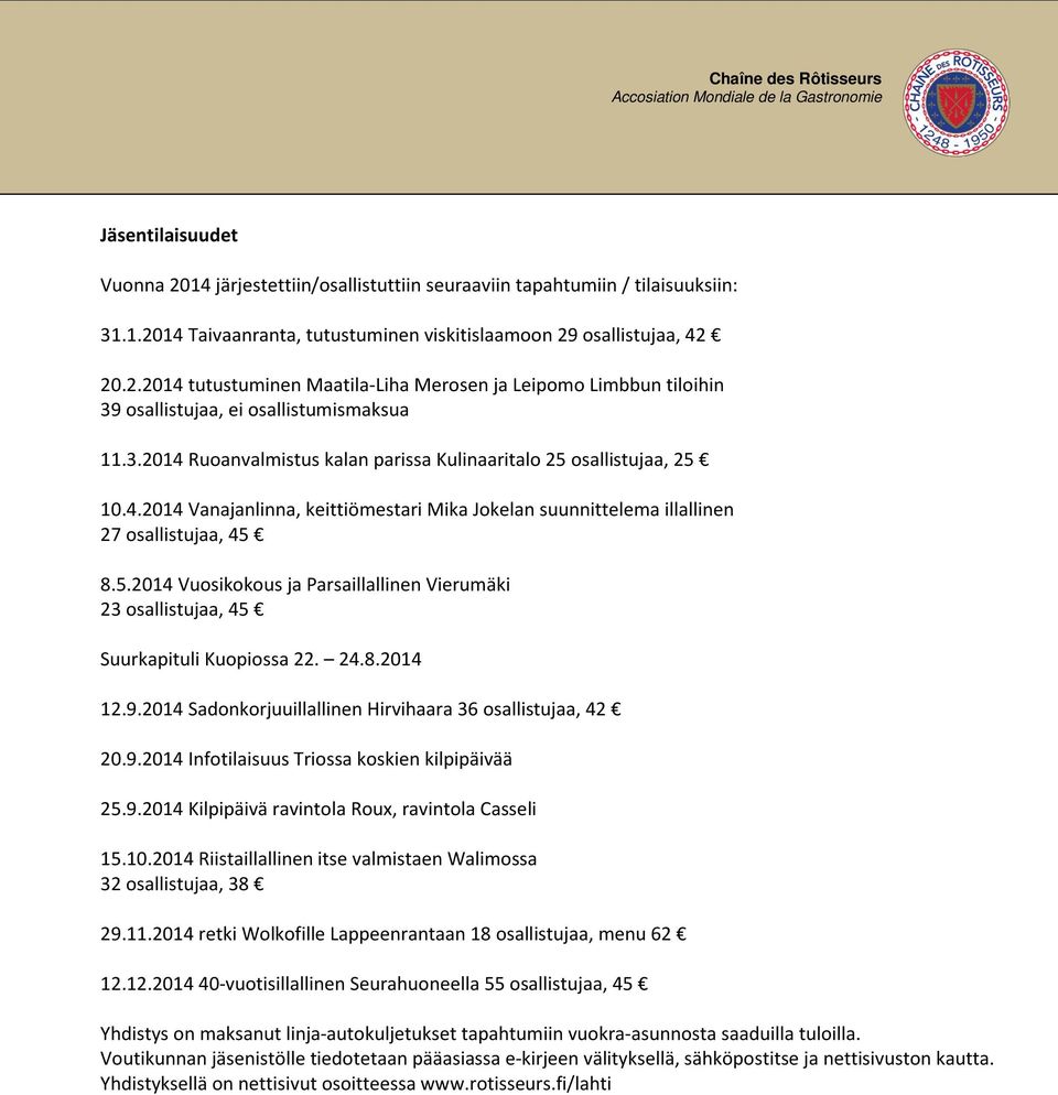 24.8.2014 12.9.2014 Sadonkorjuuillallinen Hirvihaara 36 osallistujaa, 42 20.9.2014 Infotilaisuus Triossa koskien kilpipäivää 25.9.2014 Kilpipäivä ravintola Roux, ravintola Casseli 15.10.