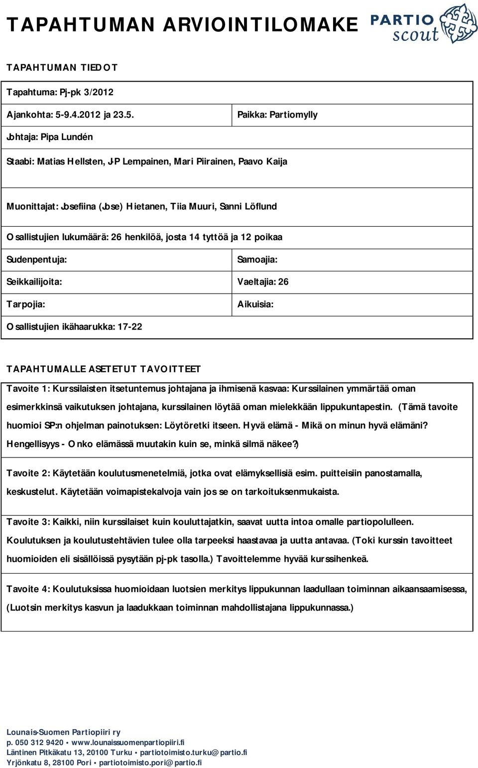 Paikka: Partiomylly Johtaja: Pipa Lundén Staabi: Matias Hellsten, J-P Lempainen, Mari Piirainen, Paavo Kaija Muonittajat: Josefiina (Jose) Hietanen, Tiia Muuri, Sanni Löflund Osallistujien lukumäärä: