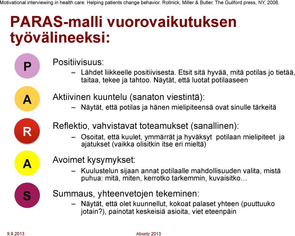 Näytät, että luotat potilaaseen Aktiivinen kuuntelu (sanaton viestintä): Näytät, että potilas ja hänen mielipiteensä ovat sinulle tärkeitä Reflektio, vahvistavat toteamukset (sanallinen): Osoitat,