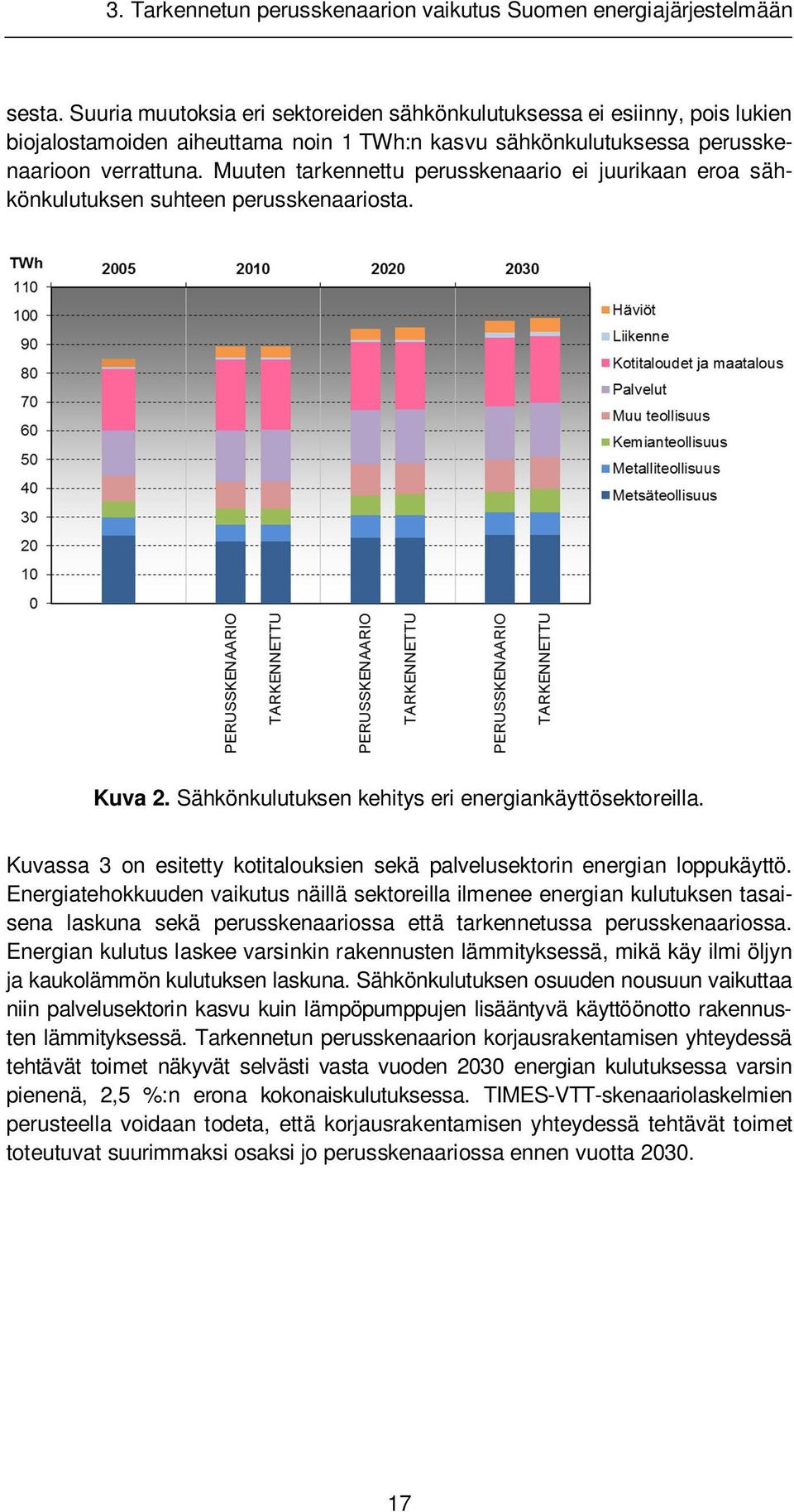 Muuten tarkennettu perusskenaario ei juurikaan eroa sähkönkulutuksen suhteen perusskenaariosta. Kuva 2. Sähkönkulutuksen kehitys eri energiankäyttösektoreilla.