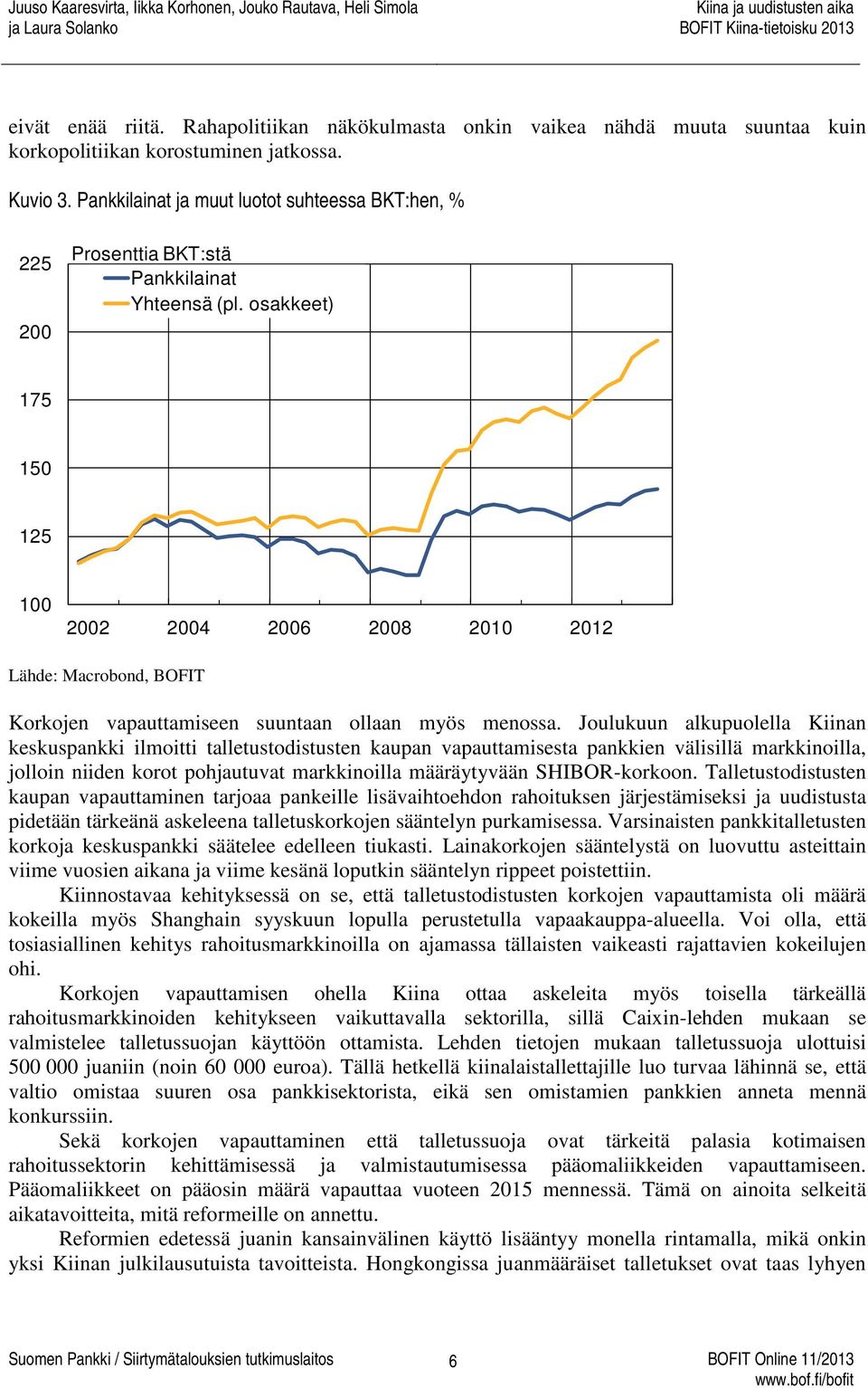 osakkeet) 175 150 125 100 2002 2004 2006 2008 2010 2012 Lähde: Macrobond, BOFIT Korkojen vapauttamiseen suuntaan ollaan myös menossa.