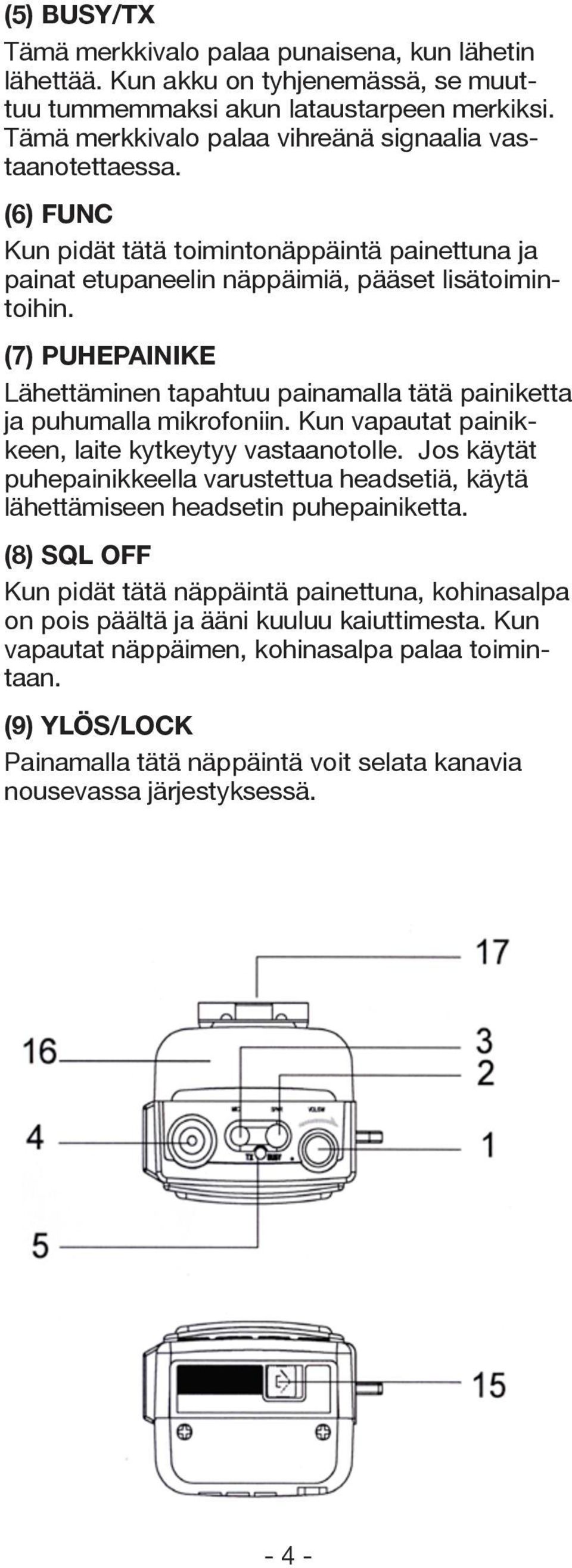 (7) PUHEPAINIKE Lähettäminen tapahtuu painamalla tätä painiketta ja puhumalla mikrofoniin. Kun vapautat painikkeen, laite kytkeytyy vastaanotolle.