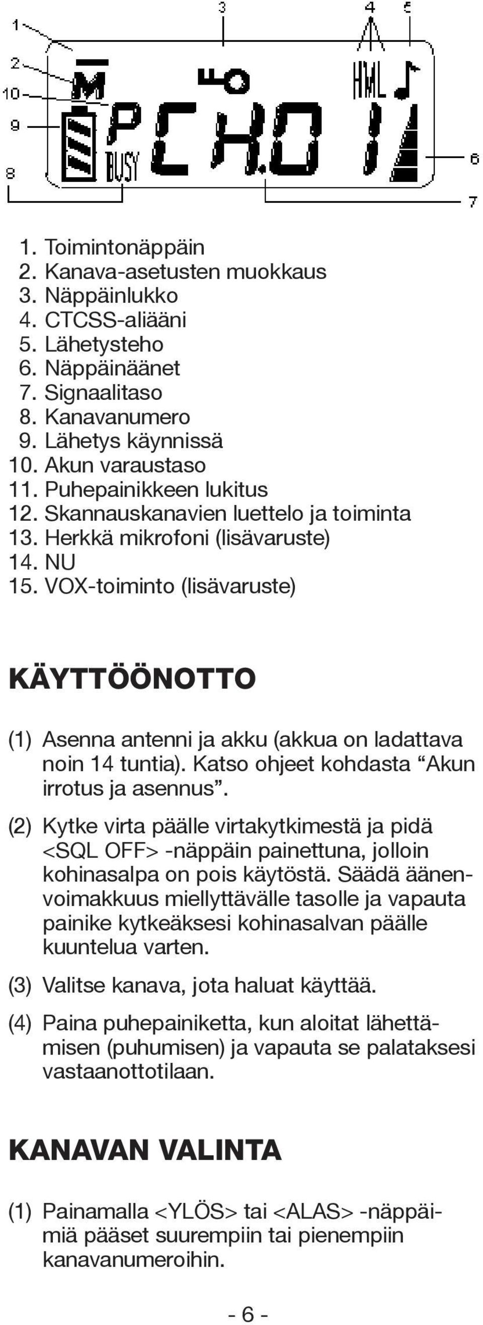 VOX-toiminto (lisävaruste) KÄYTTÖÖNOTTO (1) Asenna antenni ja akku (akkua on ladattava noin 14 tuntia). Katso ohjeet kohdasta Akun irrotus ja asennus.