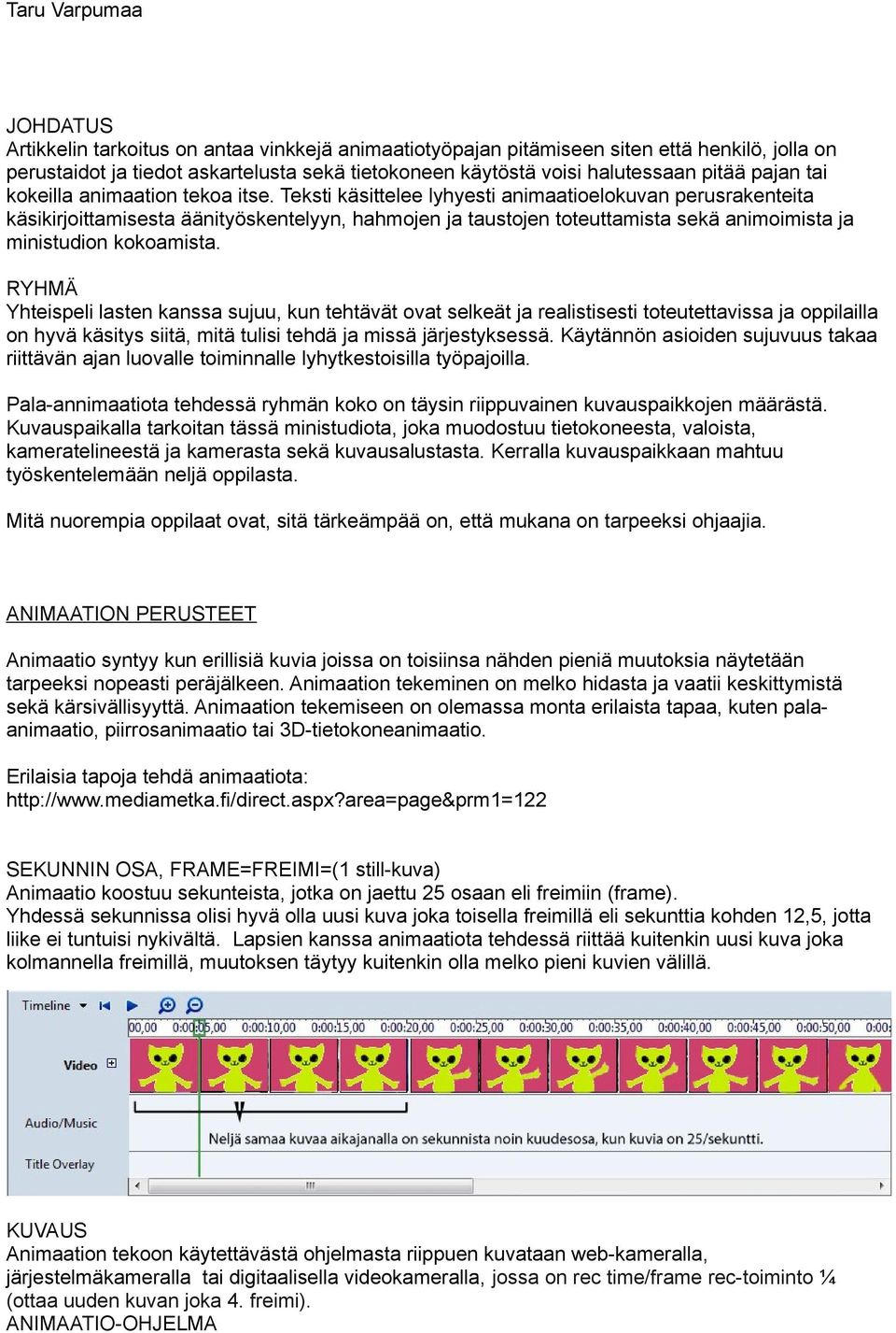 Teksti käsittelee lyhyesti animaatioelokuvan perusrakenteita käsikirjoittamisesta äänityöskentelyyn, hahmojen ja taustojen toteuttamista sekä animoimista ja ministudion kokoamista.