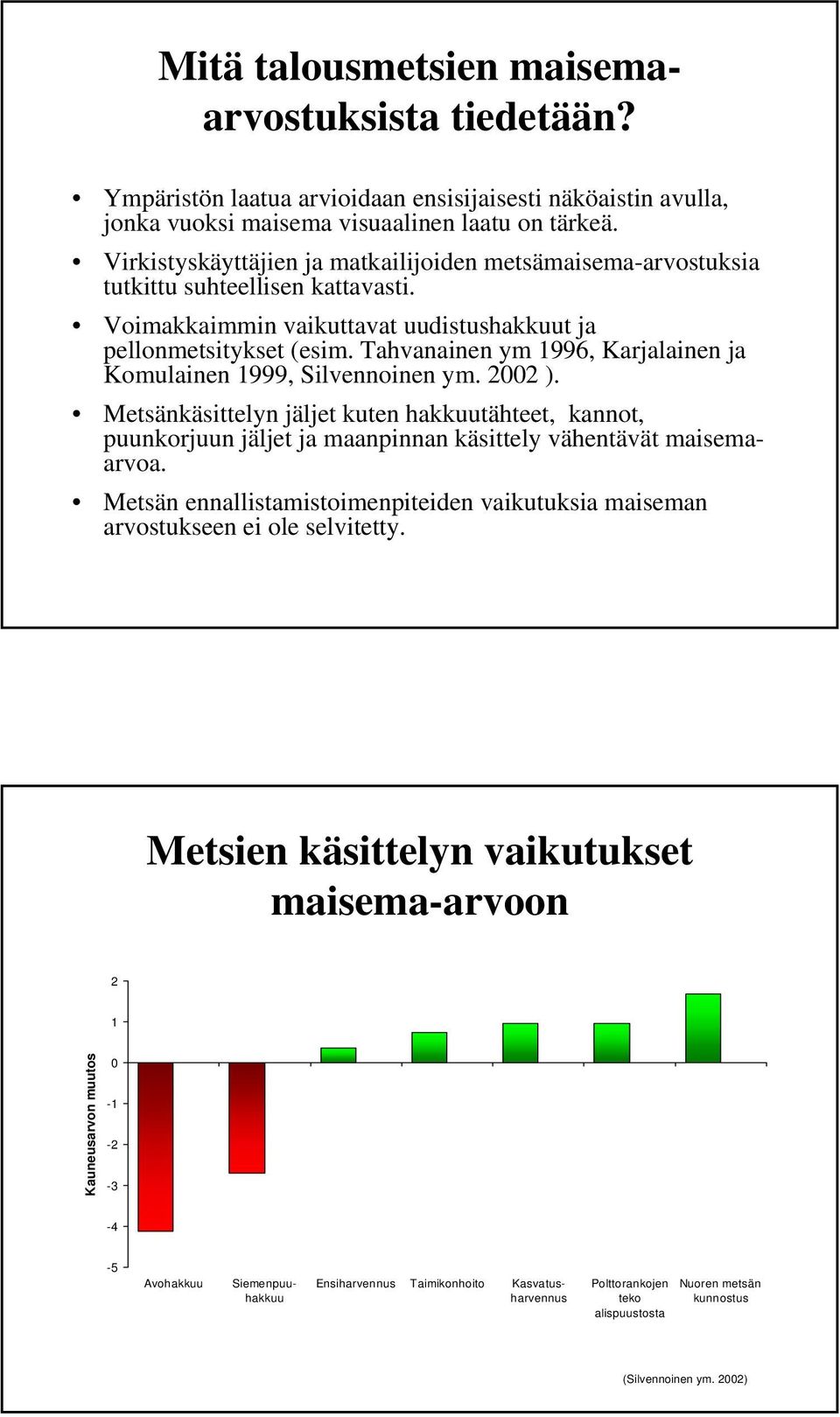 Tahvanainen ym 1996, Karjalainen ja Komulainen 1999, Silvennoinen ym. 2002 ). Metsänkäsittelyn jäljet kuten hakkuutähteet, kannot, puunkorjuun jäljet ja maanpinnan käsittely vähentävät maisemaarvoa.