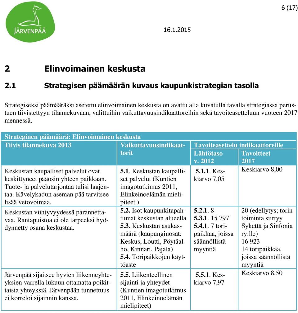 tilannekuvaan, valittuihin vaikuttavuusindikaattoreihin sekä tavoiteasetteluun vuoteen 2017 mennessä.