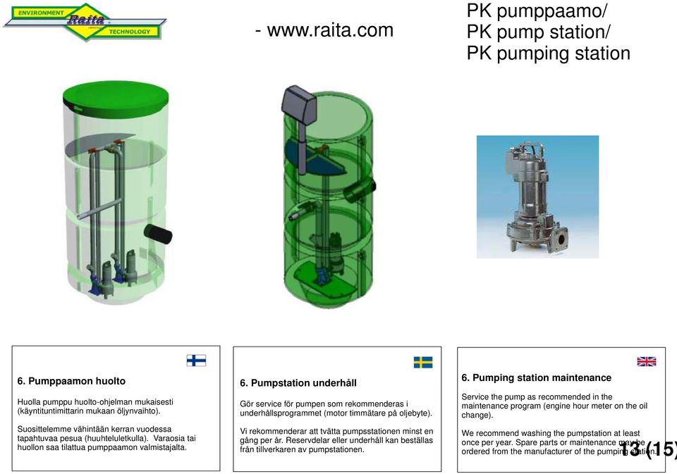 Reservdelar eller underhåll kan beställas från tillverkaren av pumpstationen. 6.