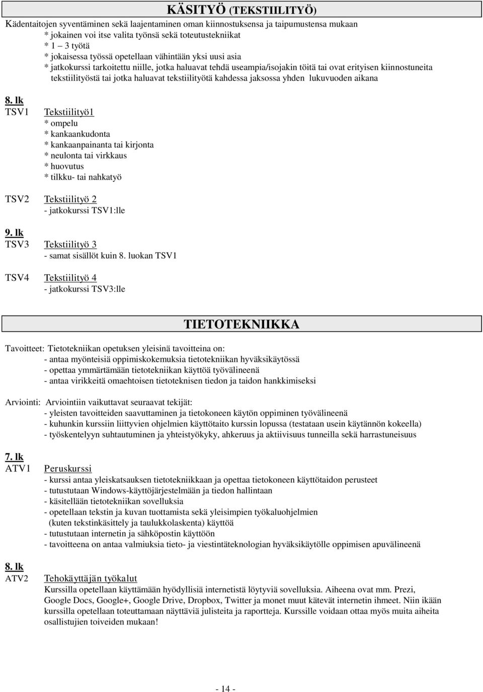 tekstiilityötä kahdessa jaksossa yhden lukuvuoden aikana TSV1 Tekstiilityö1 * ompelu * kankaankudonta * kankaanpainanta tai kirjonta * neulonta tai virkkaus * huovutus * tilkku- tai nahkatyö TSV2