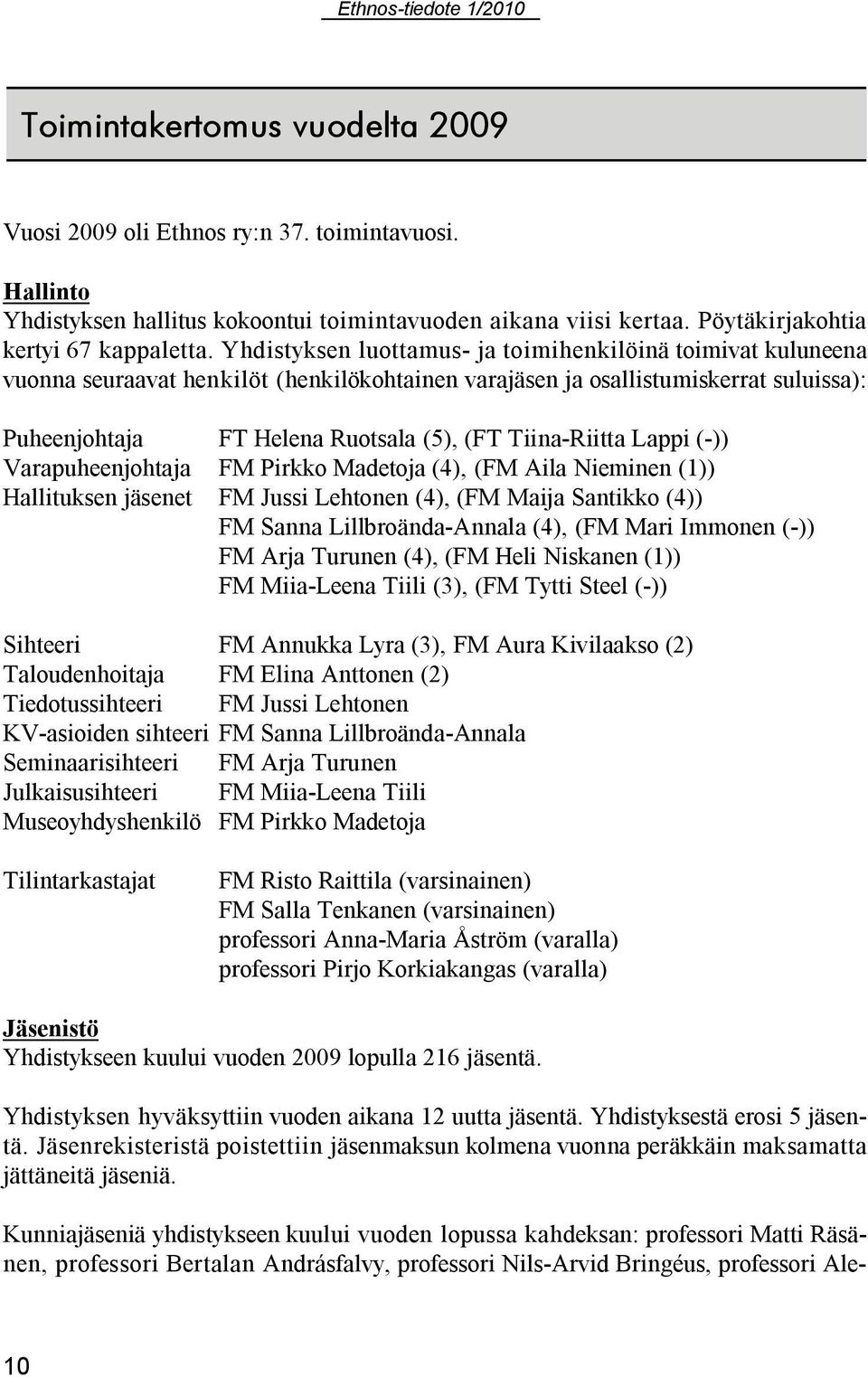 Tiina-Riitta Lappi (-)) Varapuheenjohtaja FM Pirkko Madetoja (4), (FM Aila Nieminen (1)) Hallituksen jäsenet FM Jussi Lehtonen (4), (FM Maija Santikko (4)) FM Sanna Lillbroända-Annala (4), (FM Mari