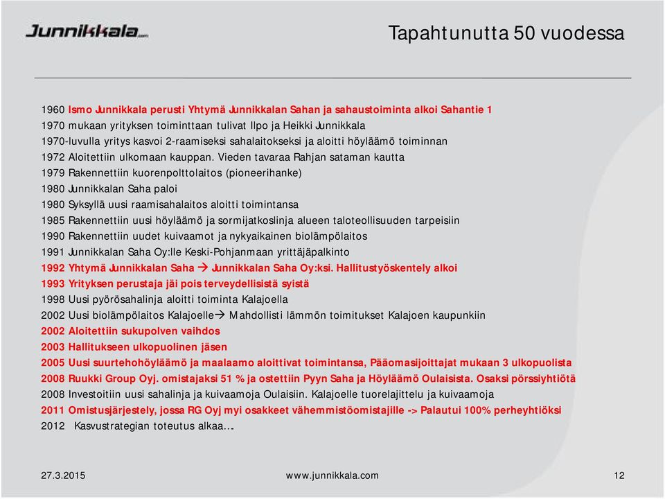 Vieden tavaraa Rahjan sataman kautta 1979 Rakennettiin kuorenpolttolaitos (pioneerihanke) 1980 Junnikkalan Saha paloi 1980 Syksyllä uusi raamisahalaitos aloitti toimintansa 1985 Rakennettiin uusi