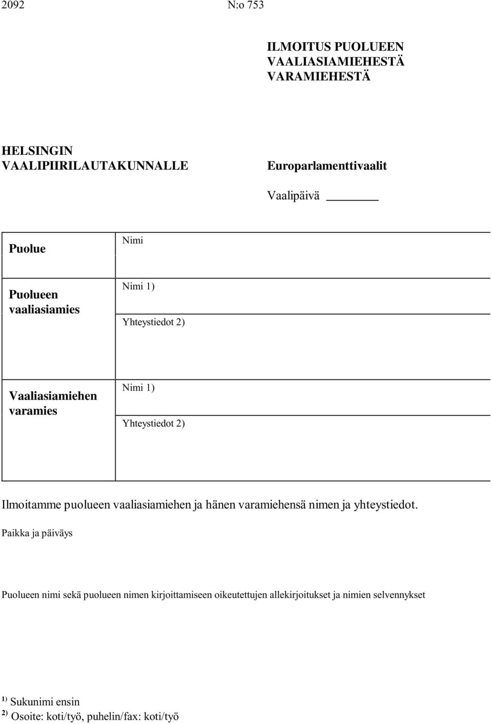 puolueen vaaliasiamiehen ja hänen varamiehensä nimen ja yhteystiedot.