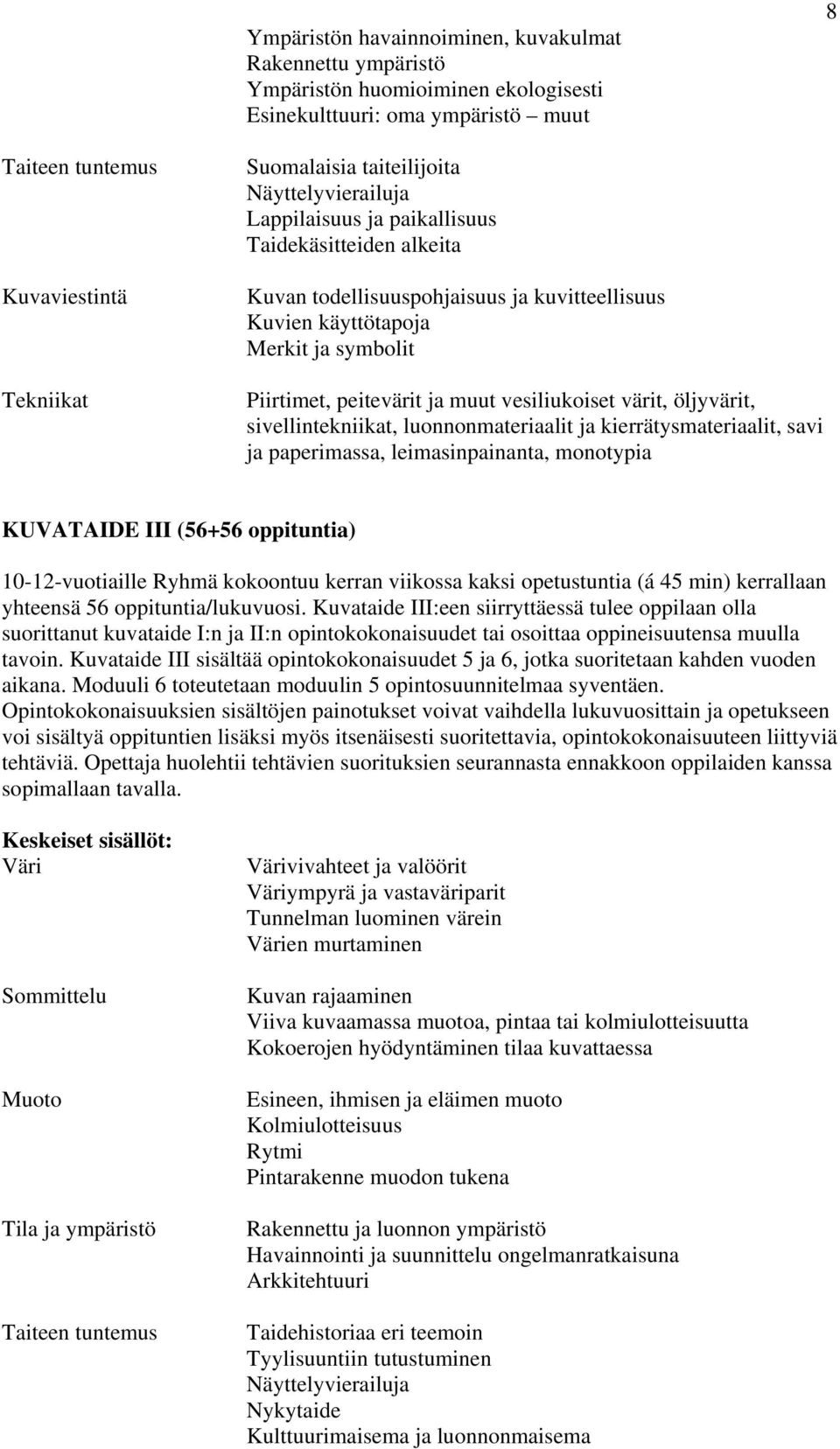 vesiliukoiset värit, öljyvärit, sivellintekniikat, luonnonmateriaalit ja kierrätysmateriaalit, savi ja paperimassa, leimasinpainanta, monotypia KUVATAIDE III (56+56 oppituntia) 10-12-vuotiaille Ryhmä