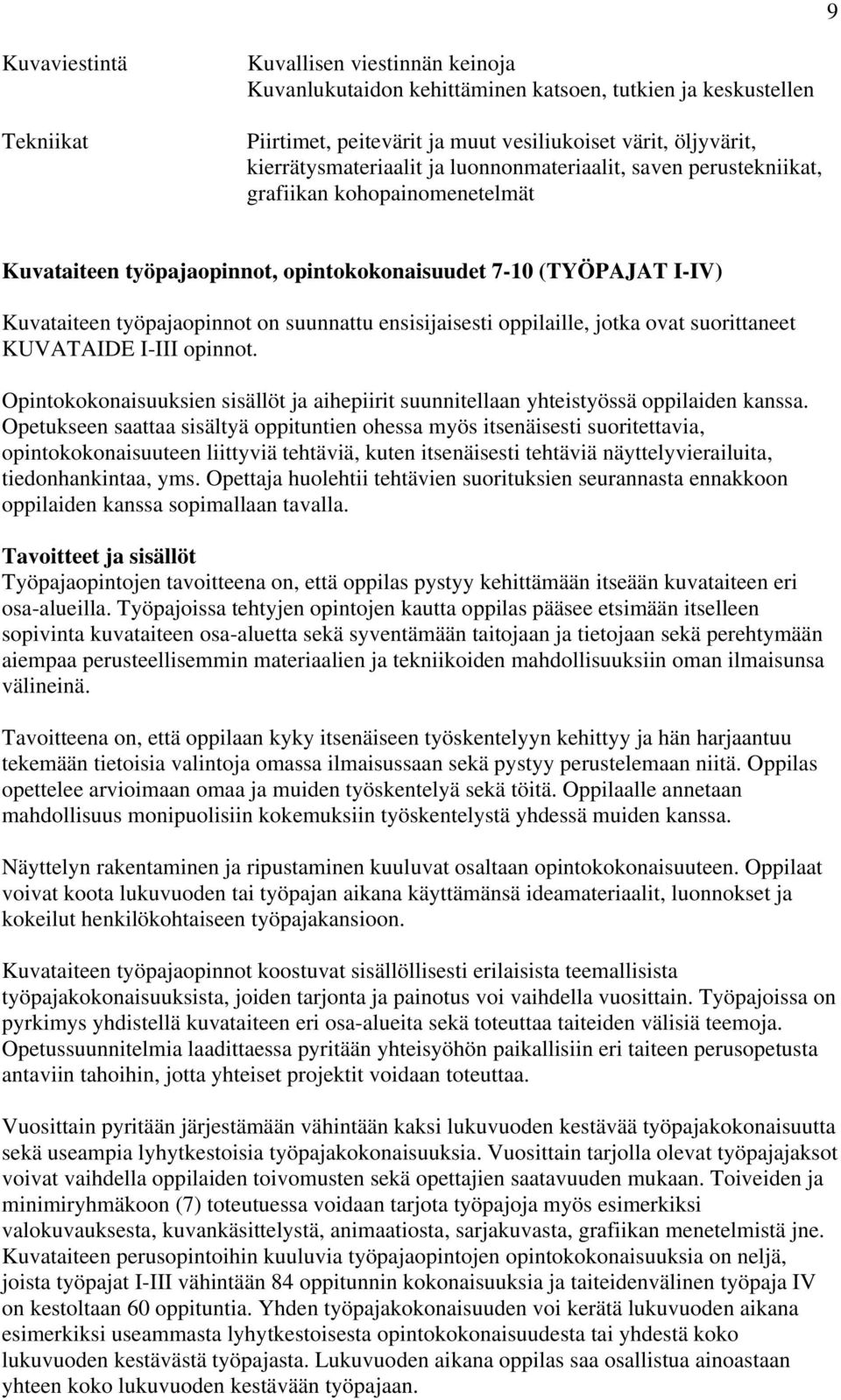 suunnattu ensisijaisesti oppilaille, jotka ovat suorittaneet KUVATAIDE I-III opinnot. Opintokokonaisuuksien sisällöt ja aihepiirit suunnitellaan yhteistyössä oppilaiden kanssa.