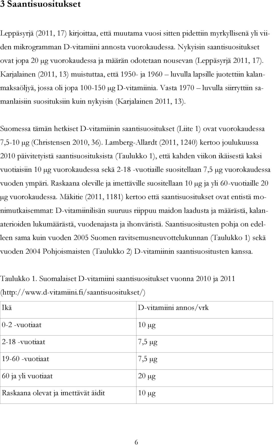 Karjalainen (2011, 13) muistuttaa, että 1950- ja 1960 luvulla lapsille juotettiin kalanmaksaöljyä, jossa oli jopa 100-150 µg D-vitamiinia.