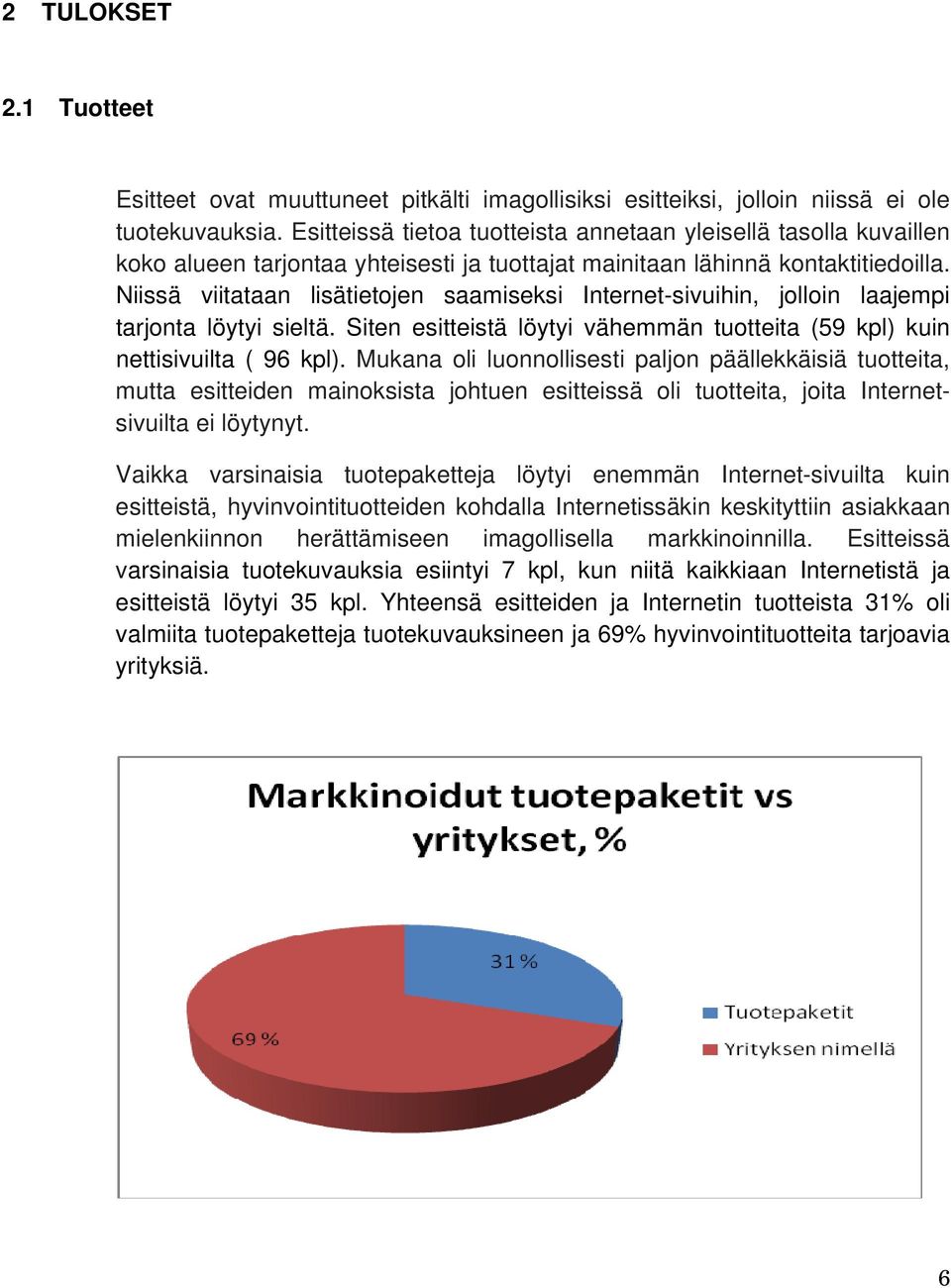 Niissä viitataan lisätietojen saamiseksi Internet-sivuihin, jolloin laajempi tarjonta löytyi sieltä. Siten esitteistä löytyi vähemmän tuotteita (59 kpl) kuin nettisivuilta ( 96 kpl).