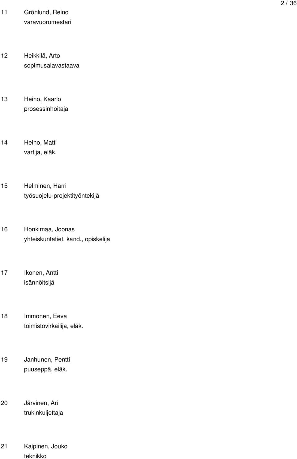 15 Helminen, Harri työsuojelu-projektityöntekijä 16 Honkimaa, Joonas yhteiskuntatiet. kand.
