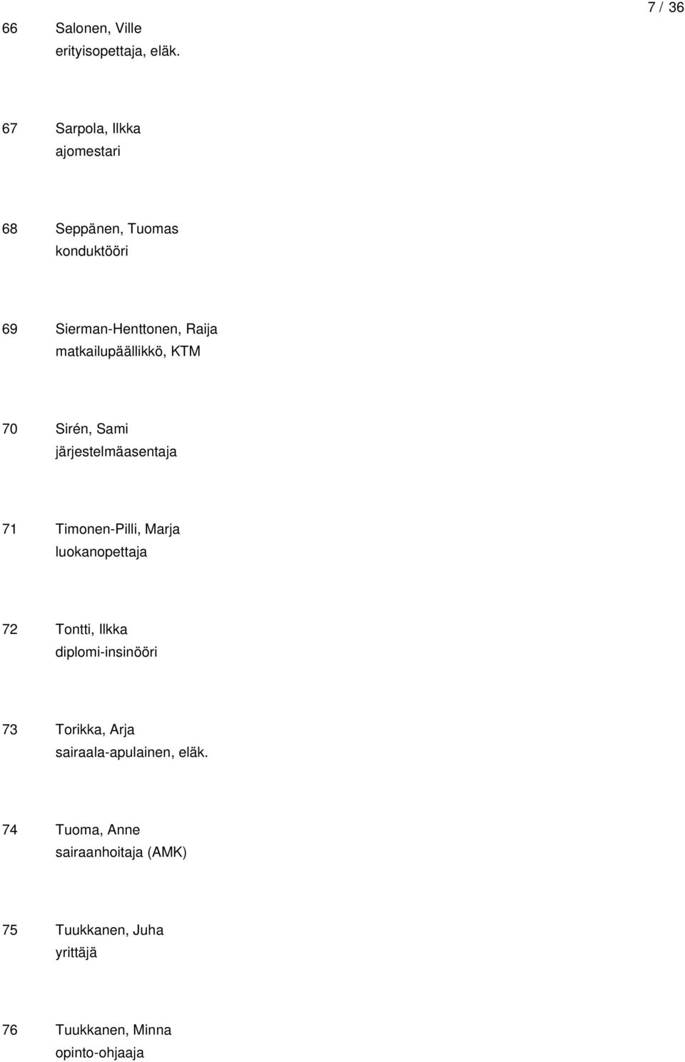 matkailupäällikkö, KTM 70 Sirén, Sami järjestelmäasentaja 71 Timonen-Pilli, Marja luokanopettaja 72