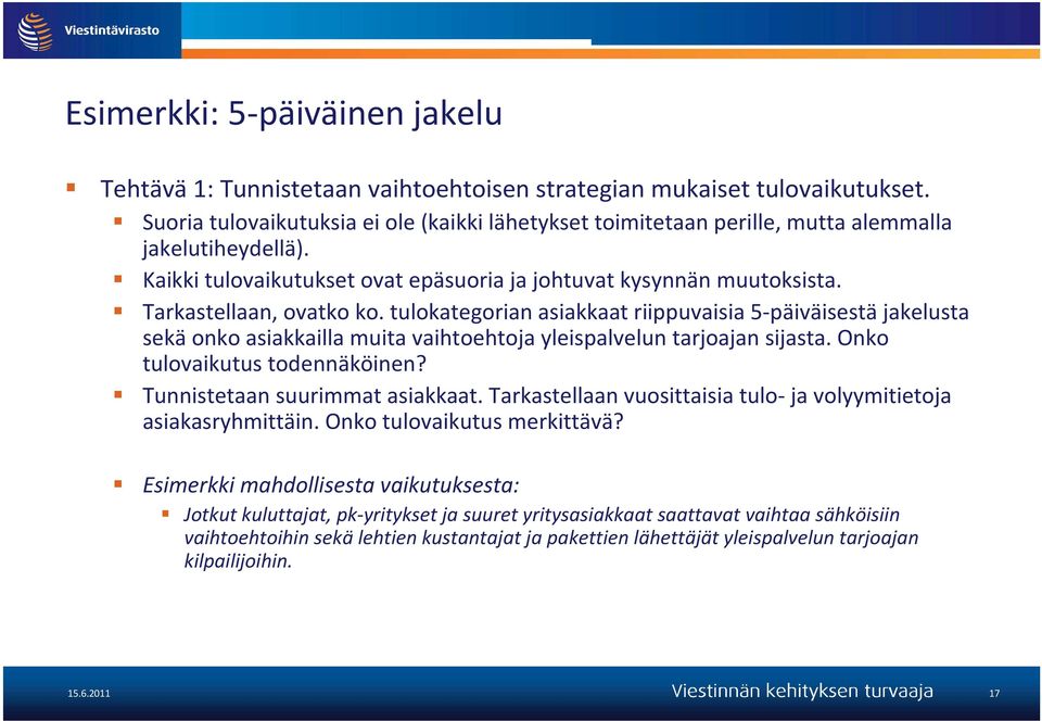 Tarkastellaan, ovatko ko. tulokategorian asiakkaat riippuvaisia 5-päiväisestäjakelusta sekäonko asiakkailla muita vaihtoehtoja yleispalvelun tarjoajan sijasta. Onko tulovaikutus todennäköinen?