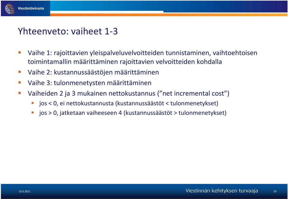 tulonmenetysten määrittäminen Vaiheiden 2 ja 3 mukainen nettokustannus ( net incremental cost ) jos < 0, ei