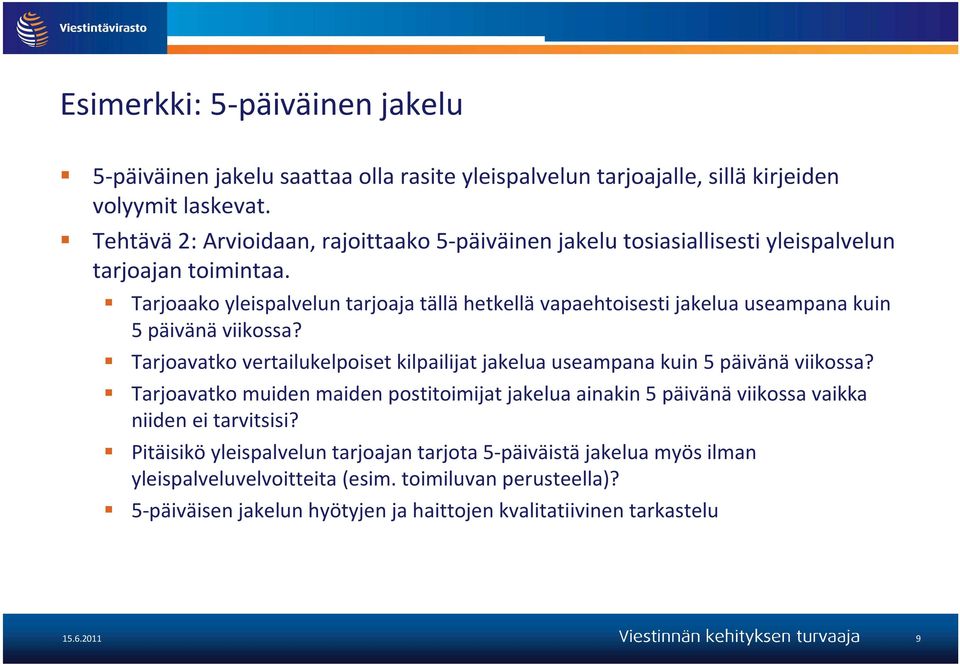 Tarjoaako yleispalvelun tarjoaja tällähetkellävapaehtoisesti jakelua useampana kuin 5 päivänä viikossa?