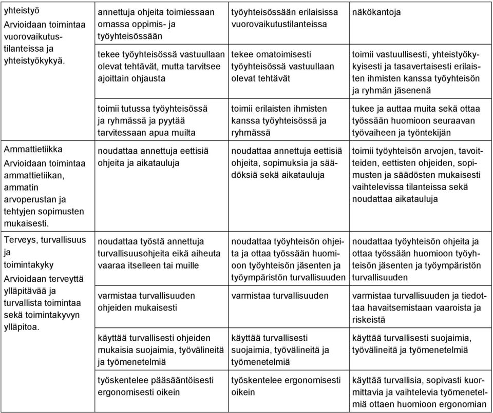 vuorovaikutustilanteissa tekee omatoimisesti työyhteisössä vastuullaan olevat tehtävät näkökantoja toimii vastuullisesti, yhteistyökykyisesti ja tasavertaisesti erilaisten ihmisten kanssa työyhteisön