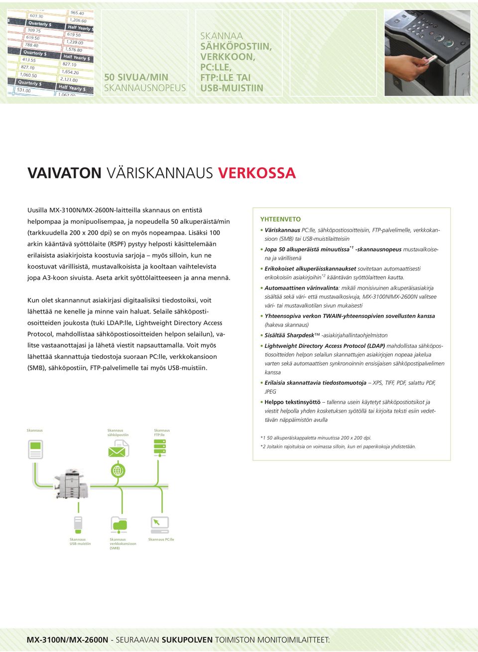 Lisäksi 100 arkin kääntävä syöttölaite (RSPF) pystyy helposti käsittelemään erilaisista asiakirjoista koostuvia sarjoja myös silloin, kun ne koostuvat värillisistä, mustavalkoisista ja kooltaan