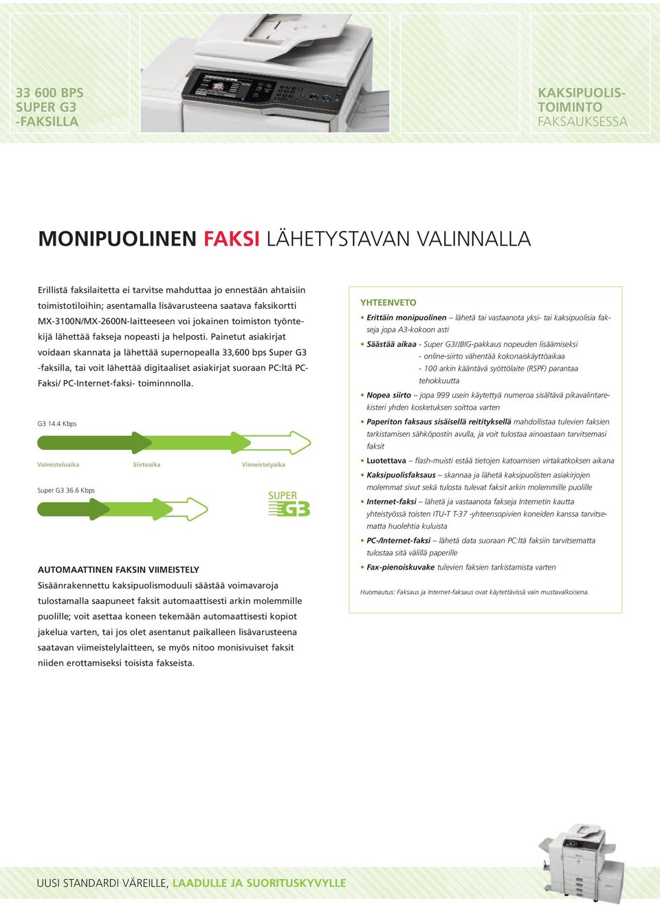 Painetut asiakirjat voidaan skannata ja lähettää supernopealla 33,600 bps Super G3 -faksilla, tai voit lähettää digitaaliset asiakirjat suoraan PC:ltä PC- Faksi/ PC-Internet-faksi- toiminnnolla.