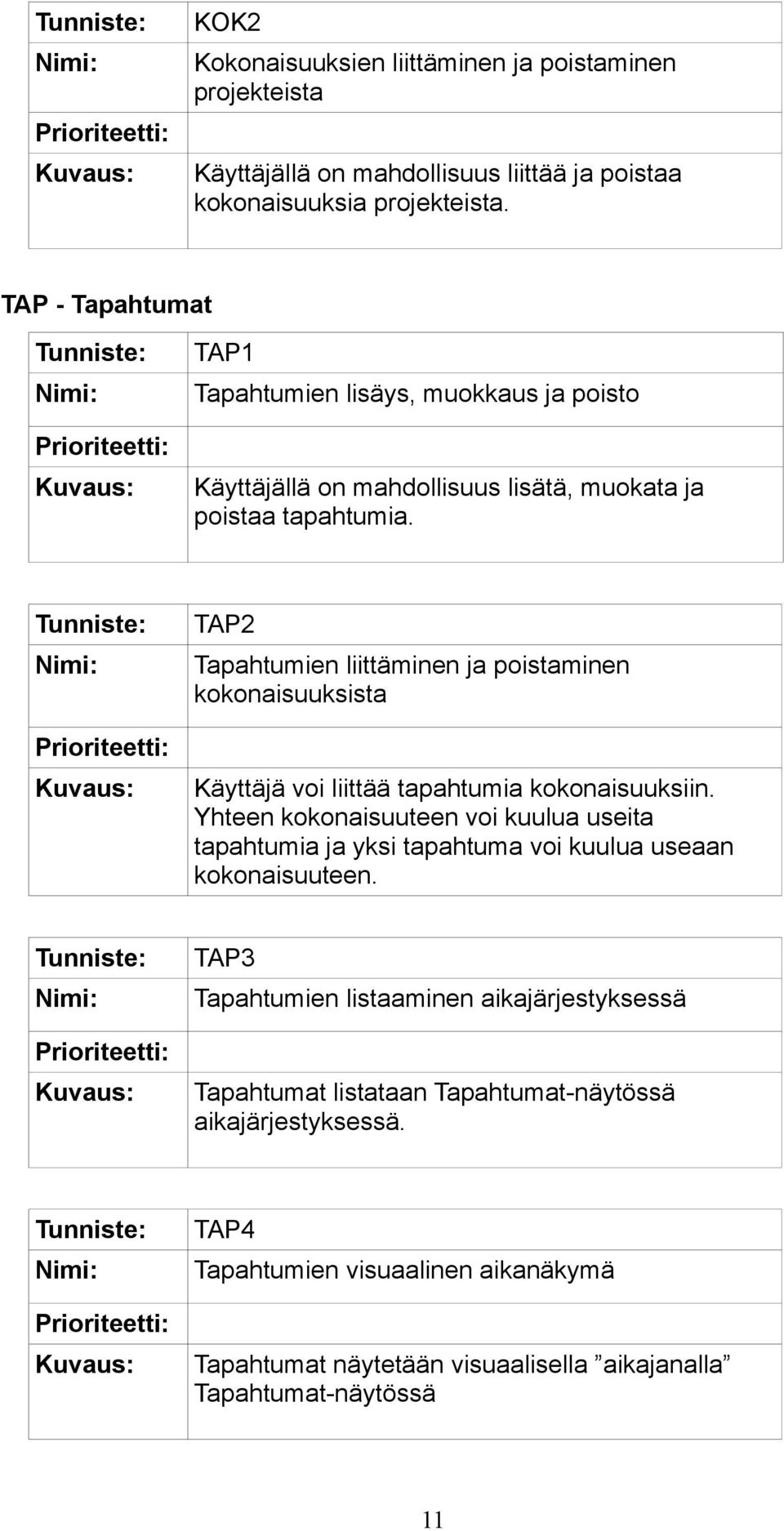 TAP2 Tapahtumien liittäminen ja poistaminen kokonaisuuksista Käyttäjä voi liittää tapahtumia kokonaisuuksiin.