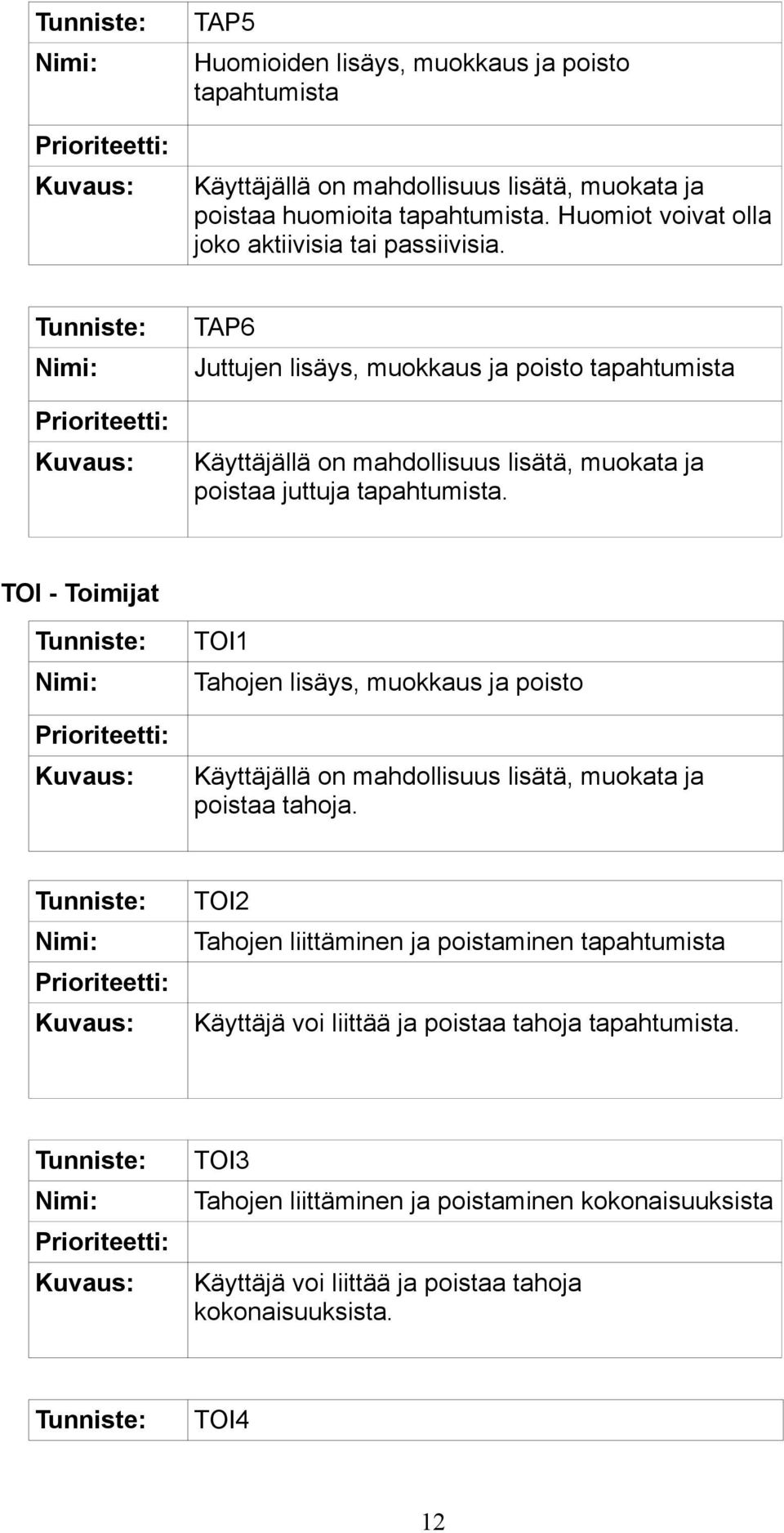 TAP6 Juttujen lisäys, muokkaus ja poisto tapahtumista Käyttäjällä on mahdollisuus lisätä, muokata ja poistaa juttuja tapahtumista.