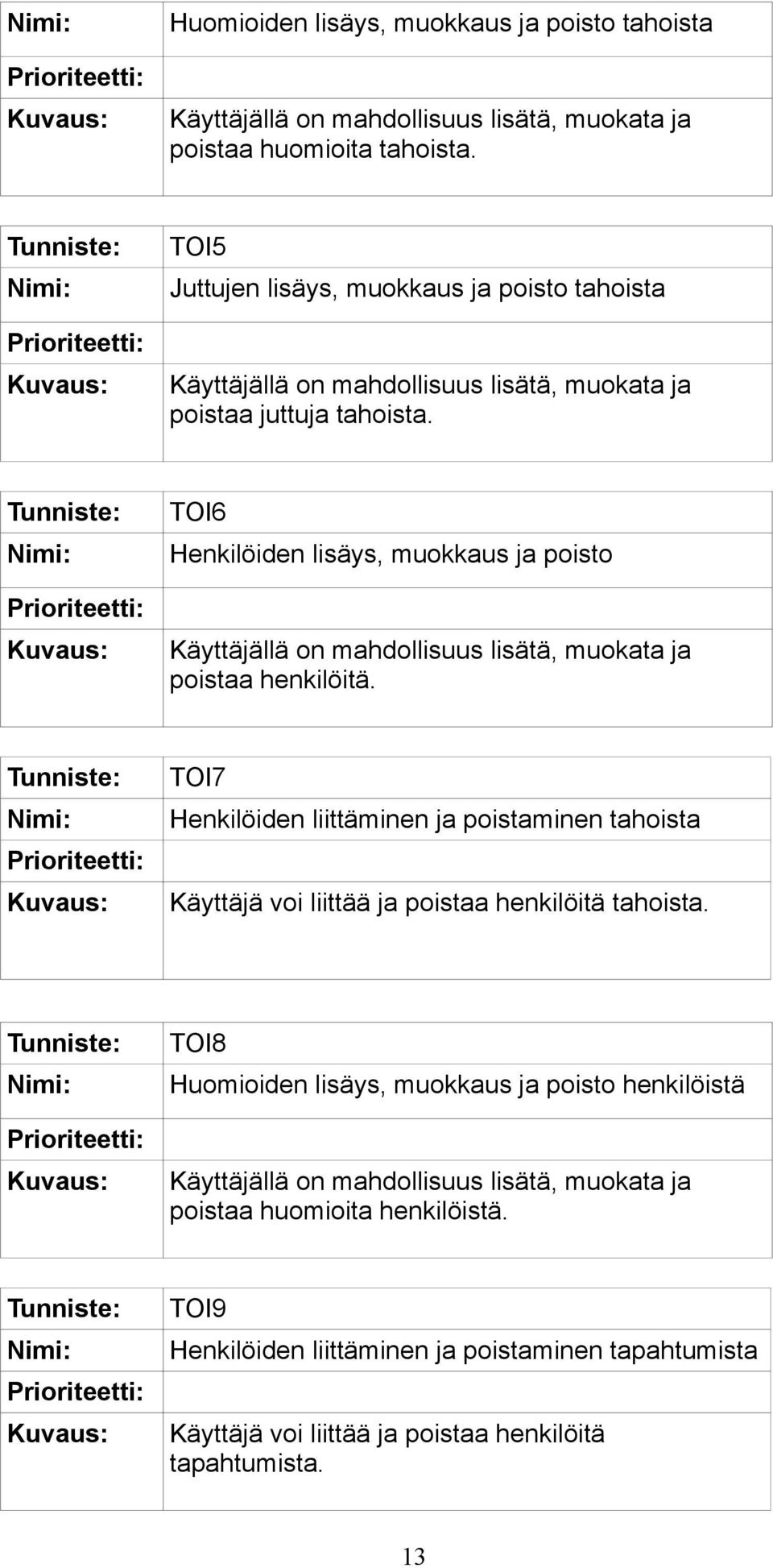 TOI6 Henkilöiden lisäys, muokkaus ja poisto Käyttäjällä on mahdollisuus lisätä, muokata ja poistaa henkilöitä.