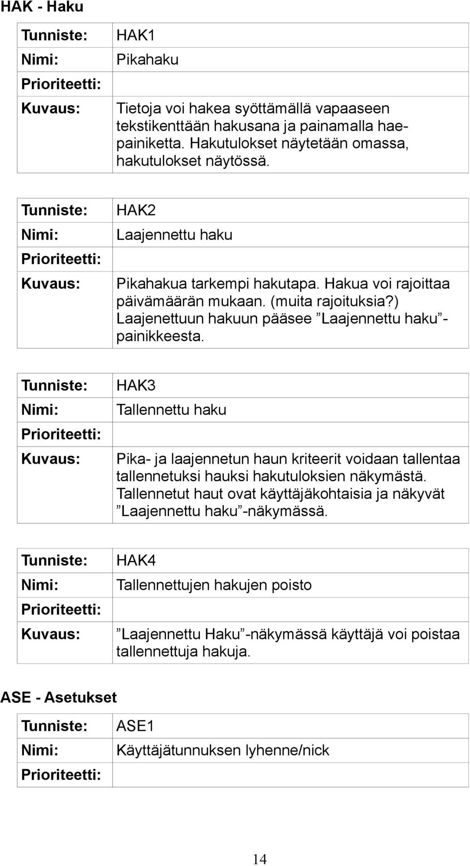 HAK3 Tallennettu haku Pika- ja laajennetun haun kriteerit voidaan tallentaa tallennetuksi hauksi hakutuloksien näkymästä.