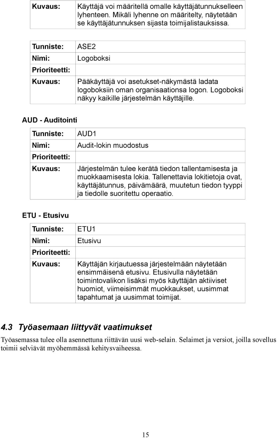 AUD - Auditointi AUD1 Audit-lokin muodostus Järjestelmän tulee kerätä tiedon tallentamisesta ja muokkaamisesta lokia.