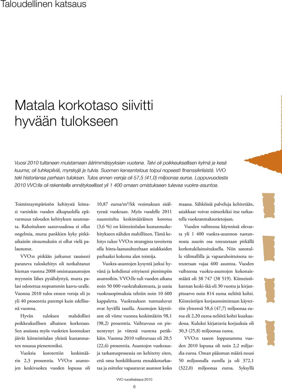 Tulos ennen veroja oli 57,5 (41,0) miljoonaa euroa. Loppuvuodesta 2010 VVO:lla oli rakenteilla ennätykselliset yli 1 400 omaan omistukseen tulevaa vuokra-asuntoa.