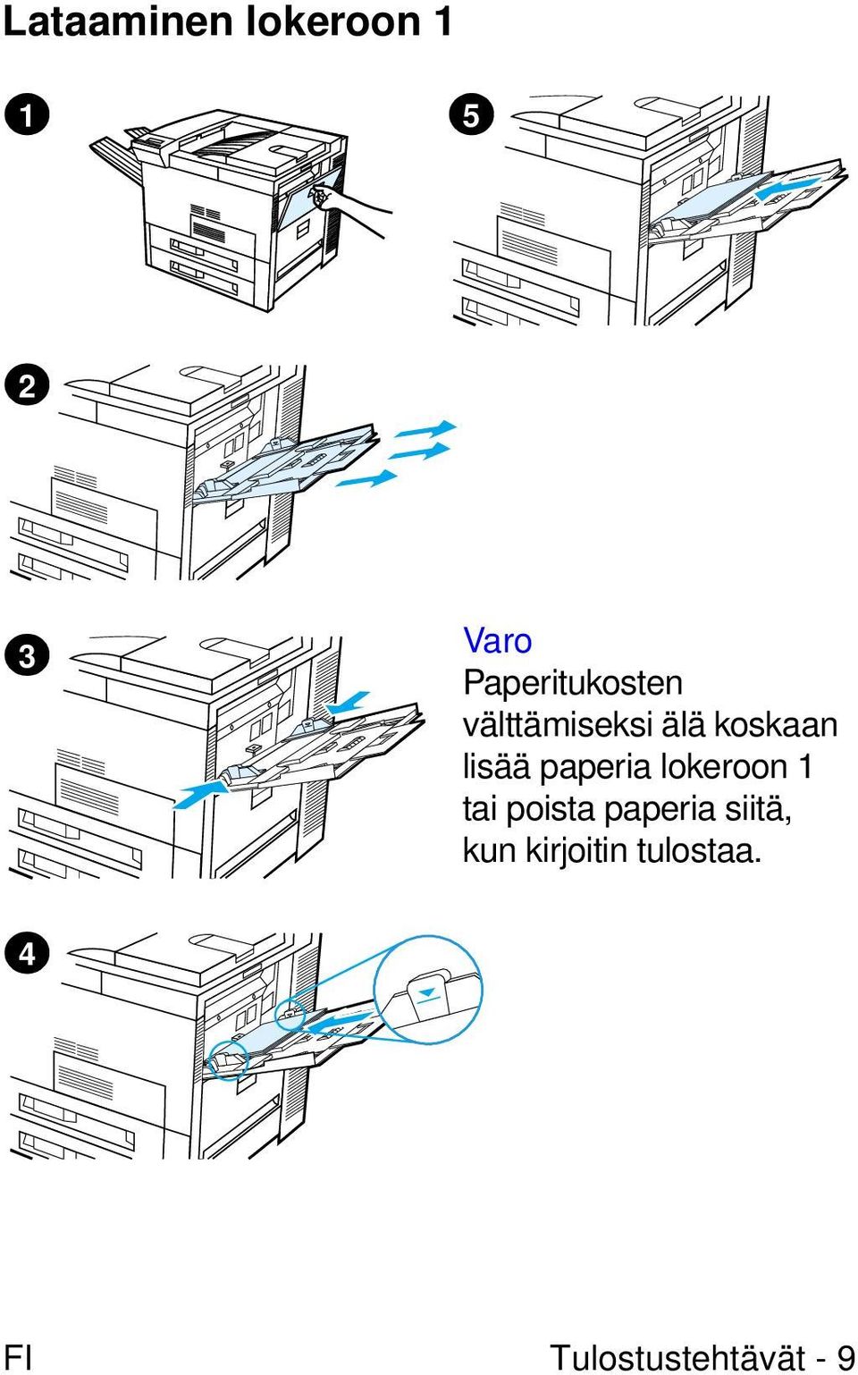 lisää paperia lokeroon 1 tai poista paperia