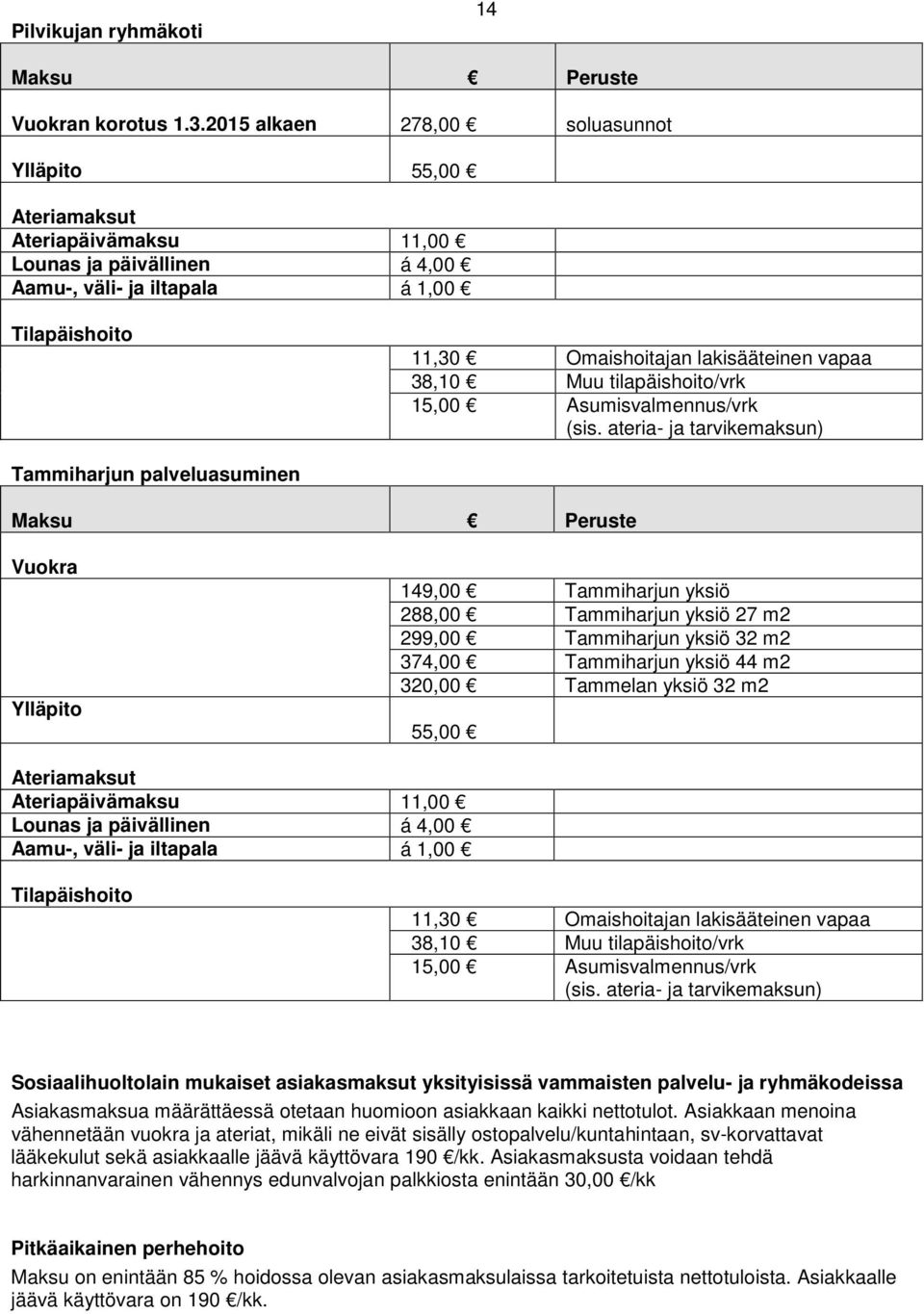 38,10 Muu tilapäishoito/vrk 15,00 Asumisvalmennus/vrk (sis.