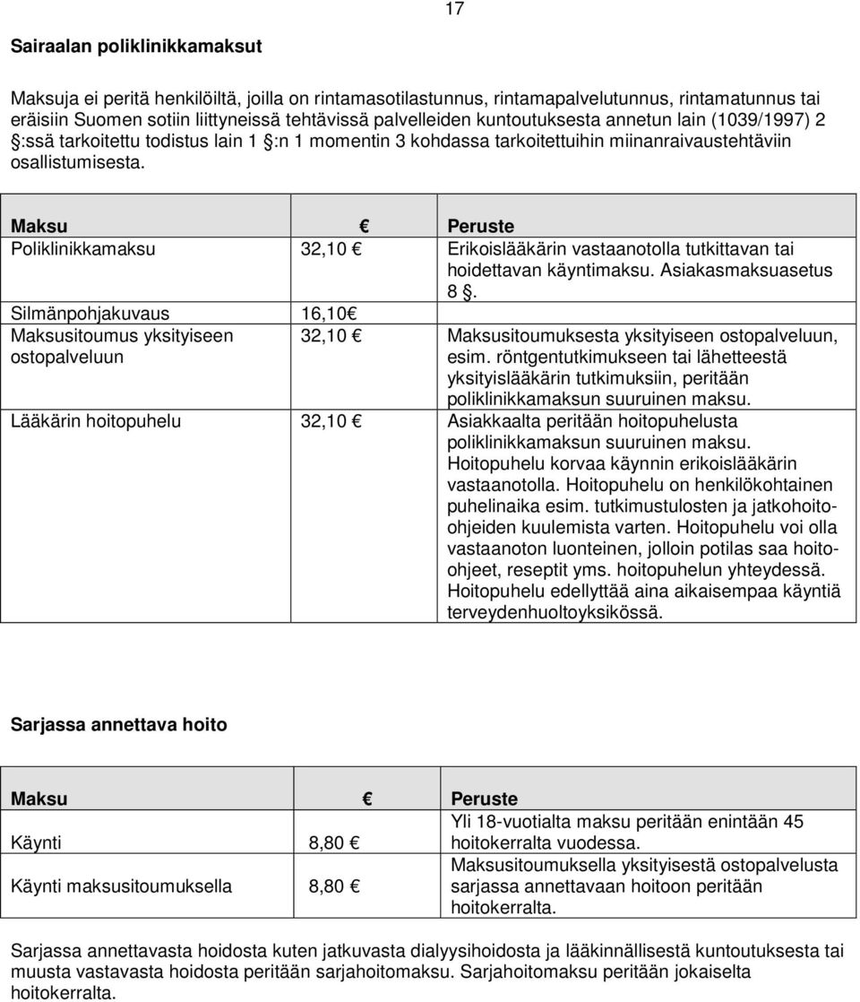 Poliklinikkamaksu 32,10 Erikoislääkärin vastaanotolla tutkittavan tai hoidettavan käyntimaksu. Asiakasmaksuasetus 8.