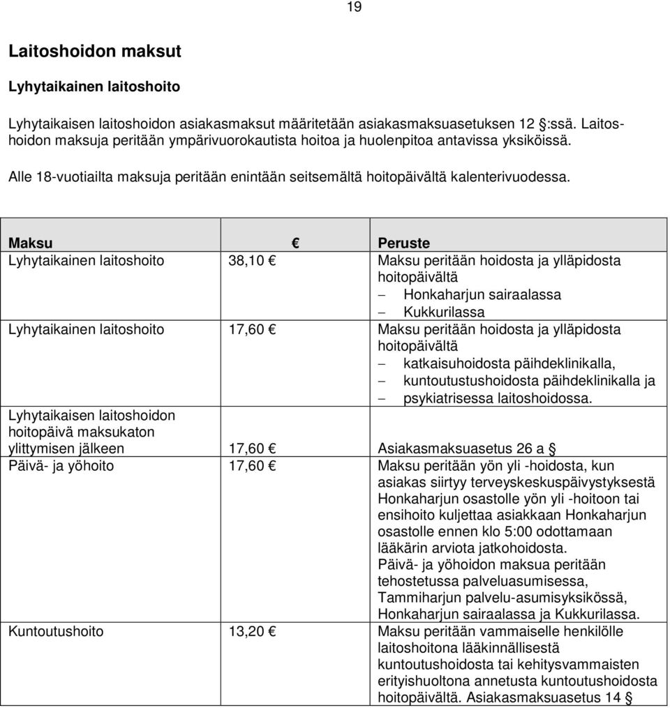 Lyhytaikainen laitoshoito 38,10 Maksu peritään hoidosta ja ylläpidosta hoitopäivältä Honkaharjun sairaalassa Kukkurilassa Lyhytaikainen laitoshoito 17,60 Maksu peritään hoidosta ja ylläpidosta