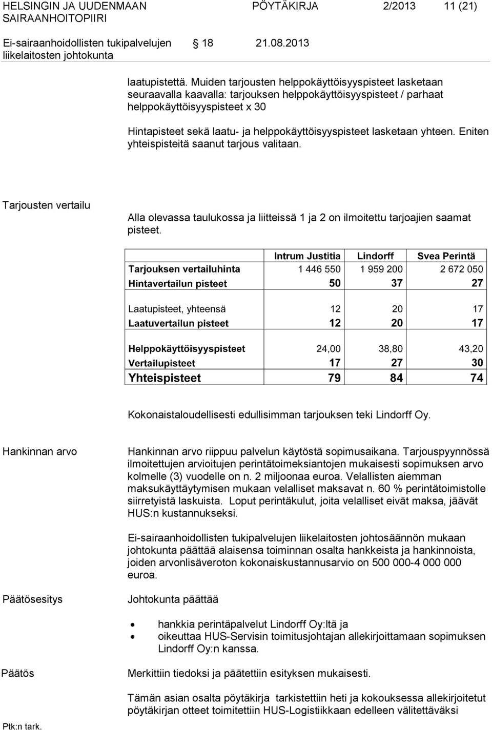 helppokäyttöisyyspisteet lasketaan yhteen. Eniten yhteispisteitä saanut tarjous valitaan. Tarjousten vertailu Alla olevassa taulukossa ja liitteissä 1 ja 2 on ilmoitettu tarjoajien saamat pisteet.